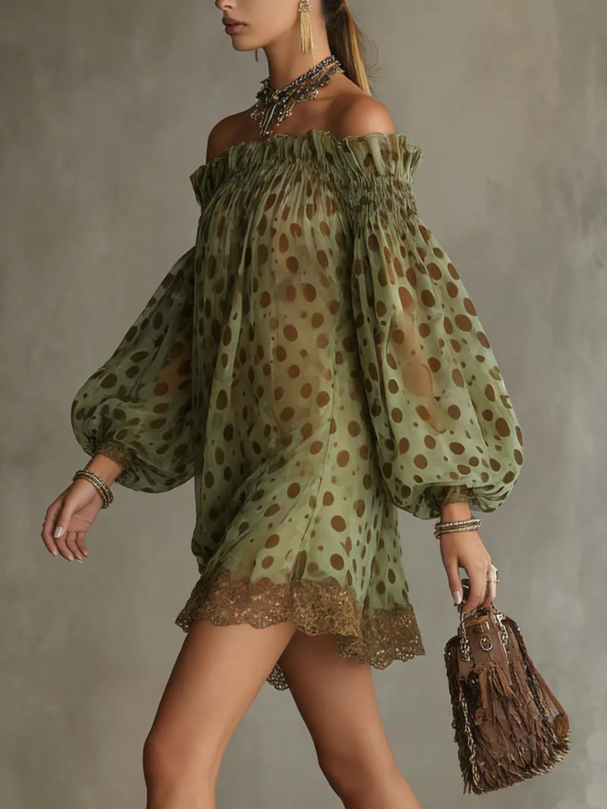 Trendsi Off-Shoulder Polka Dot Sheer Mini Dress -