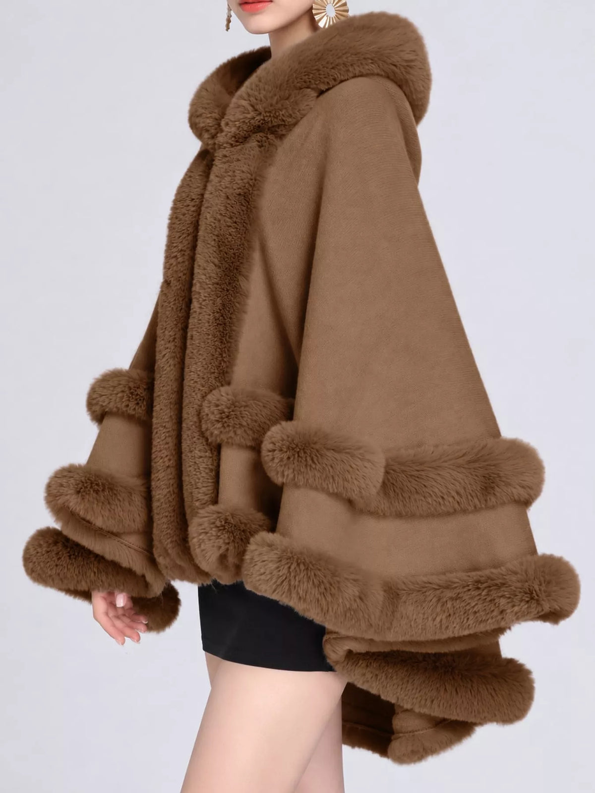 Faux-fur-trim cape, brown side