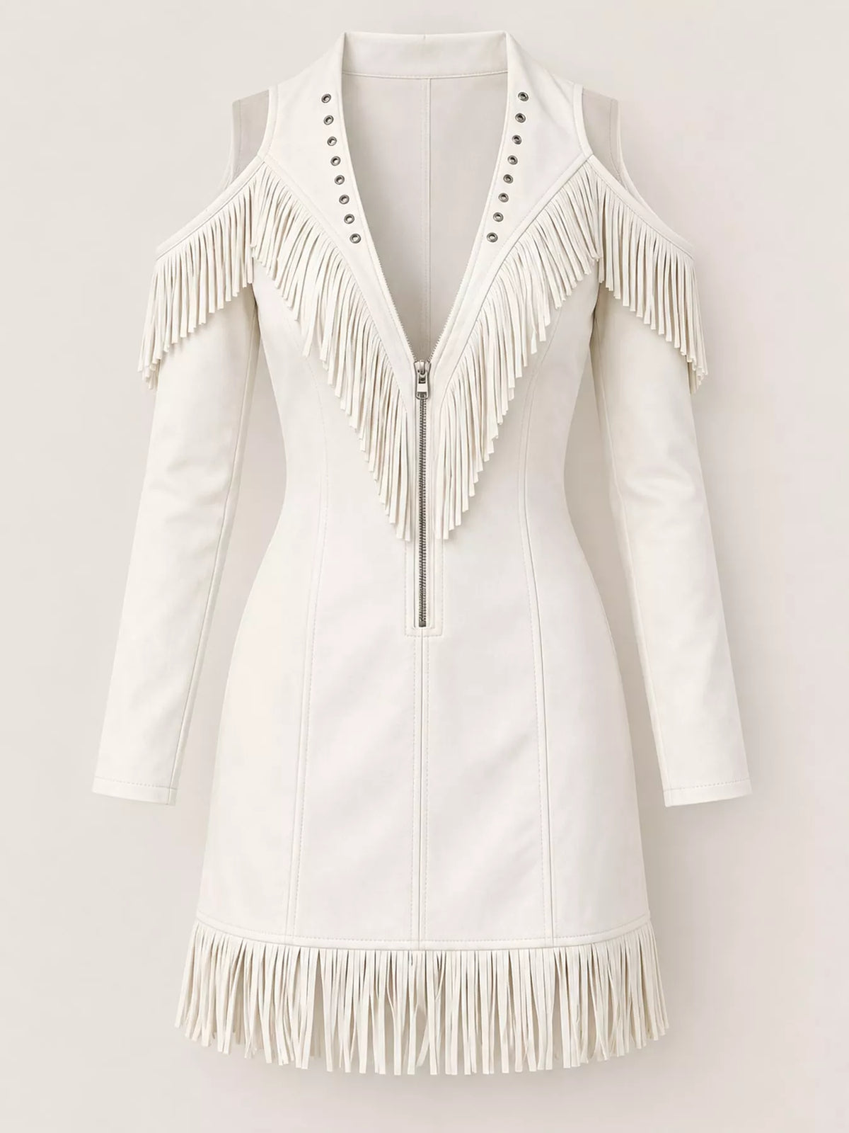 Fringed cold-shoulder dress, white flat front