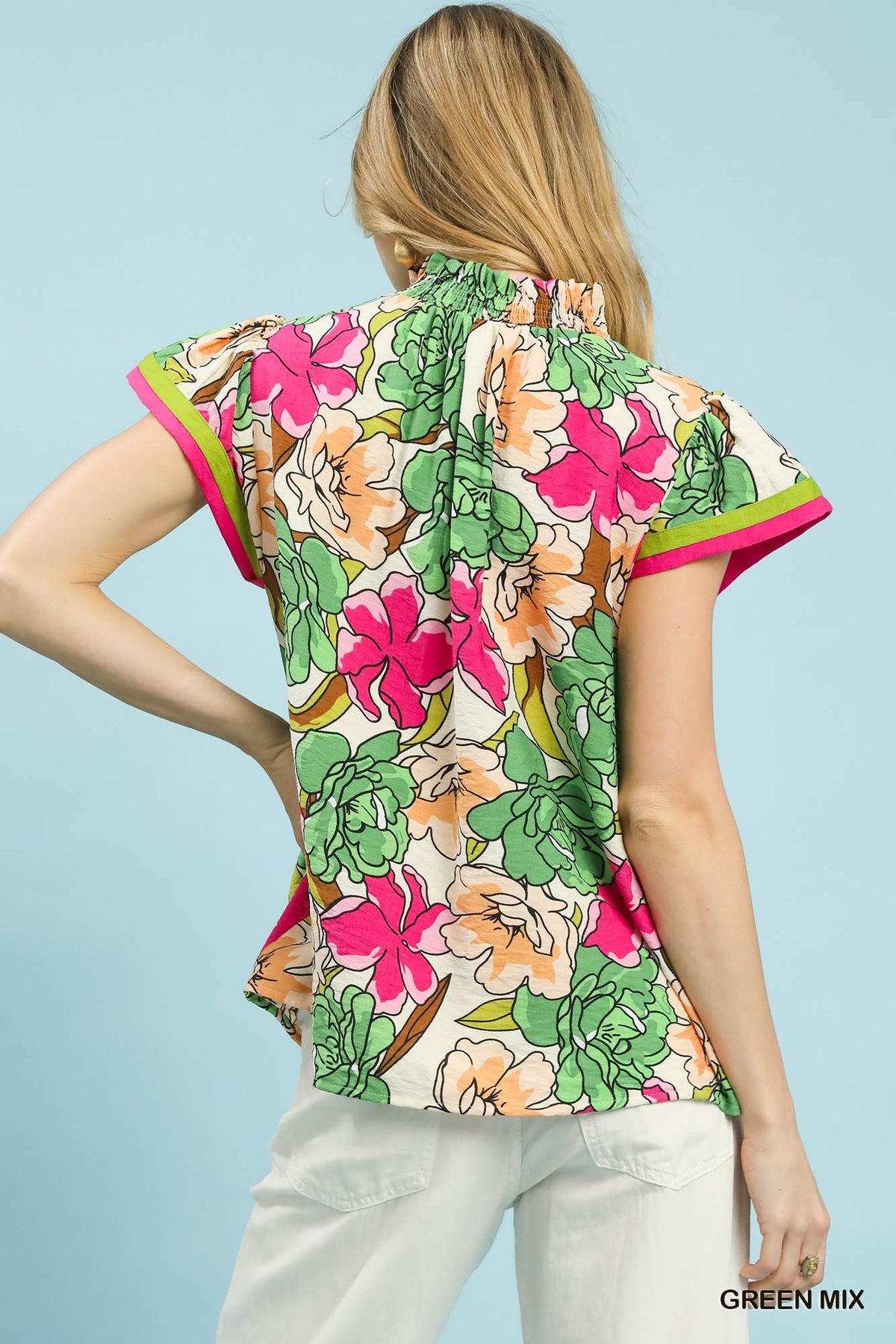 Women's Floral Print Rayon Blouse With Contrast Trim — product view 3