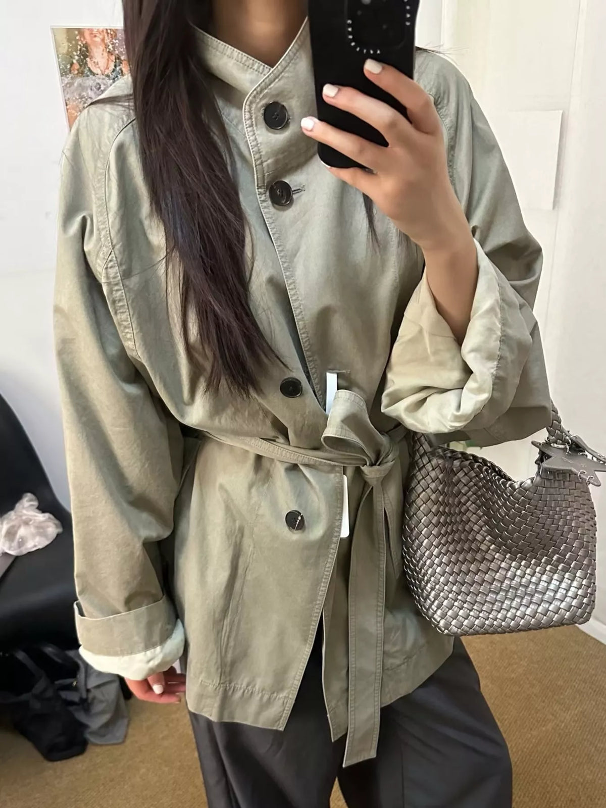 Vintage Style Stand-Collar Belted Utility Jacket, detail view in khaki