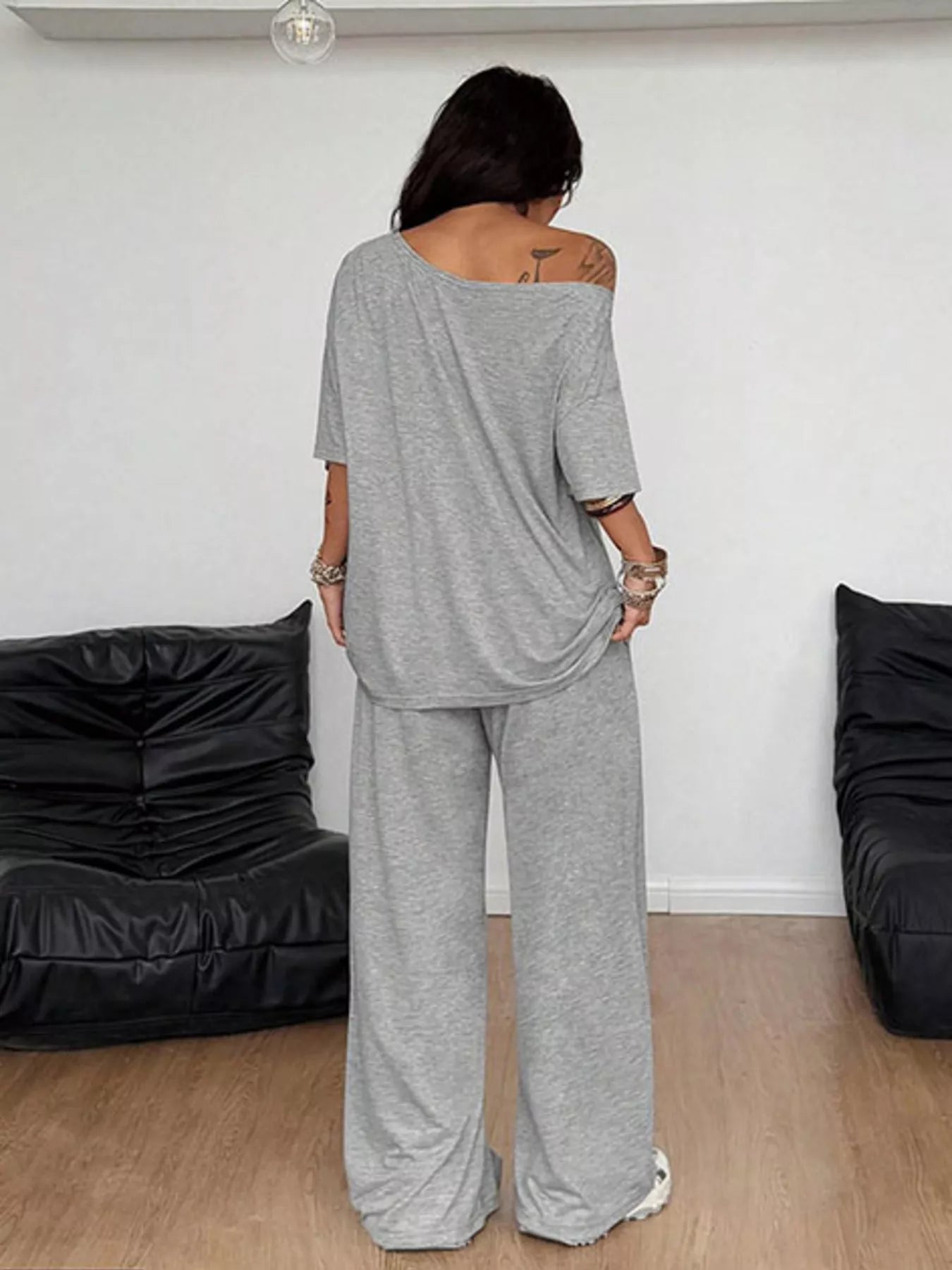 Trendsi Full Size One-Shoulder Top and Drawstring Pants Set Plus Size -