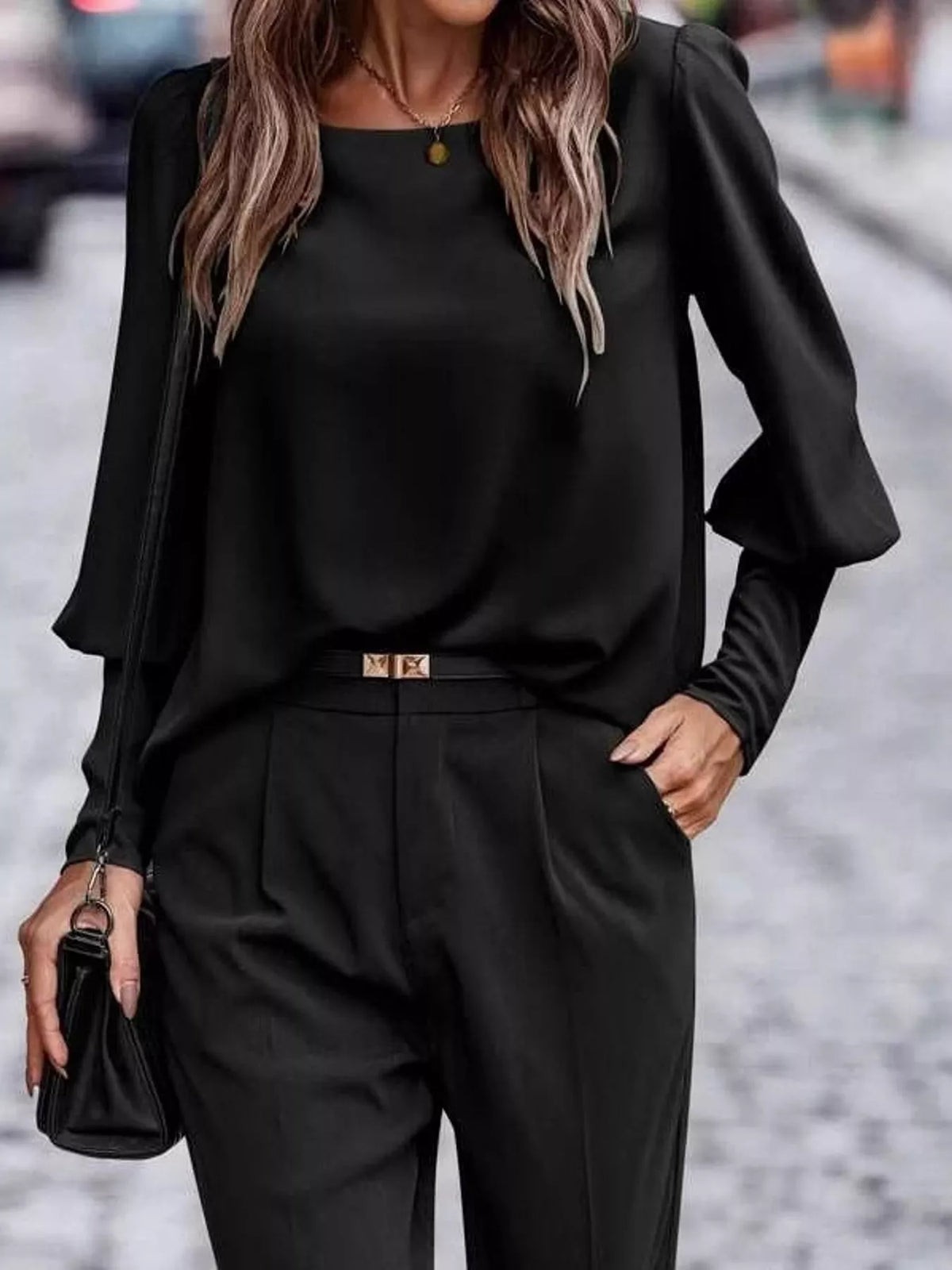 Decorative Button Lantern Sleeve Blouse — front view