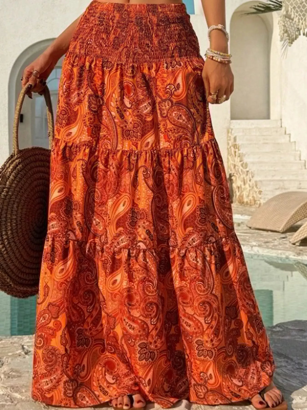 Women's Paisley Print Tiered Maxi Skirt in orange — front view