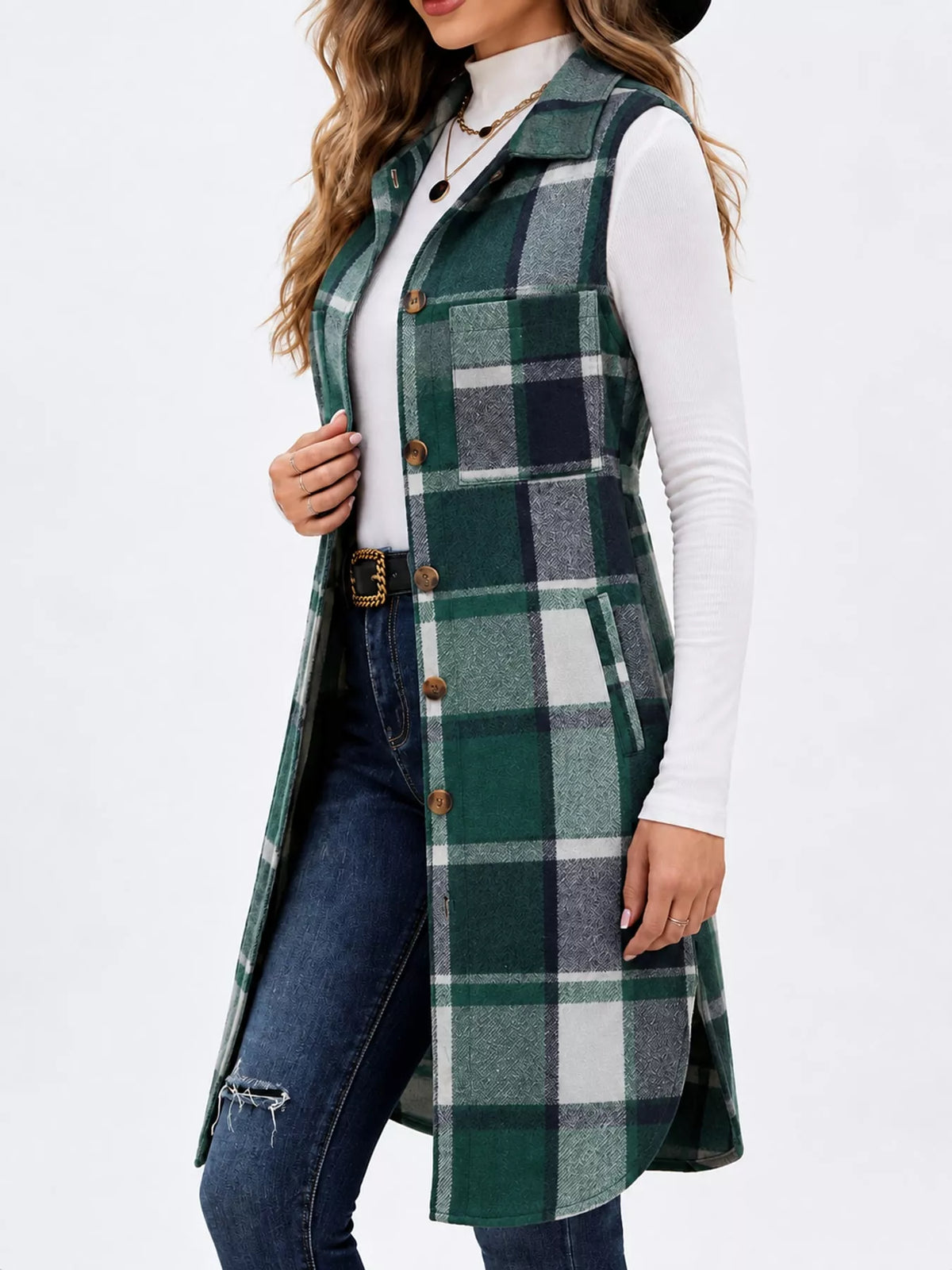 Longline Plaid Button-Down Vest Coat in green and white