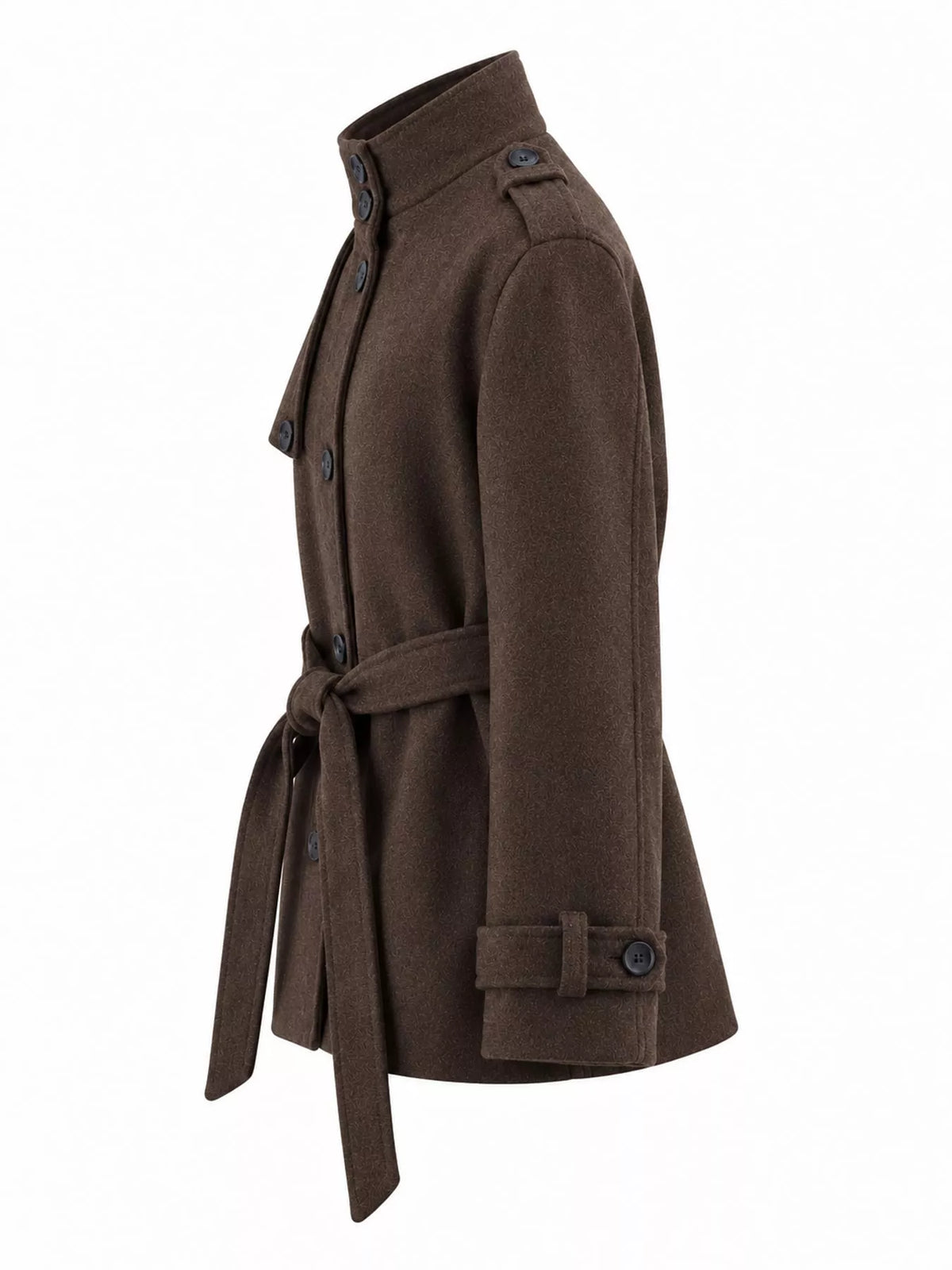 Stand-Collar Belted Button-Down Jacket — side view