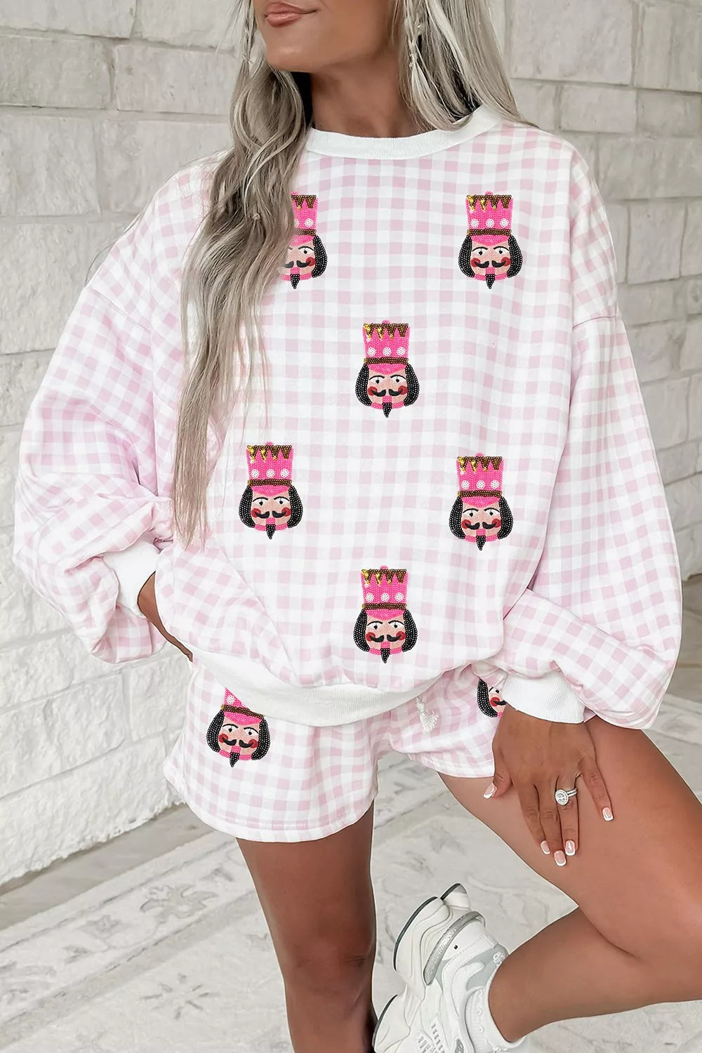 Plaid Sequin Nutcracker Graphic Long Sleeve Shorts Set — front view