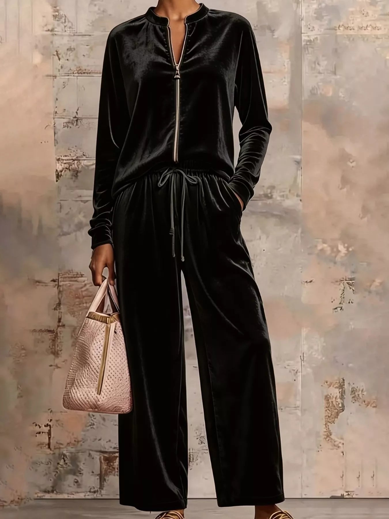 Trendsi Velvet Zip-Up Top and Pants Set -