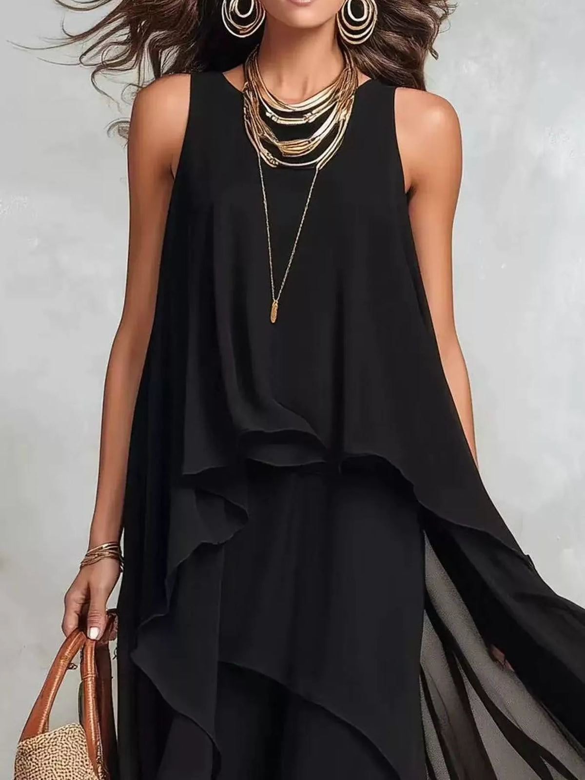 Tiered maxi dress, black layered top