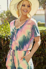 Trendsi BiBi Tie Dye French Terry V-Neck Romper with A Hole and Side Pocket and A Drawstring -