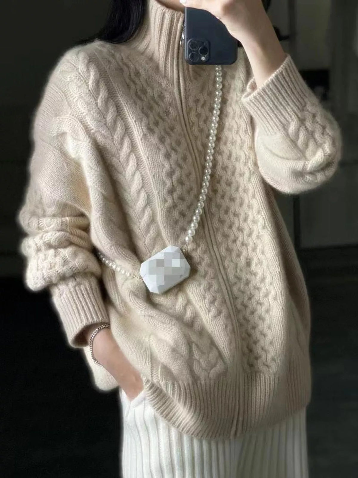 Cable-knit cardigan, beige zipped front