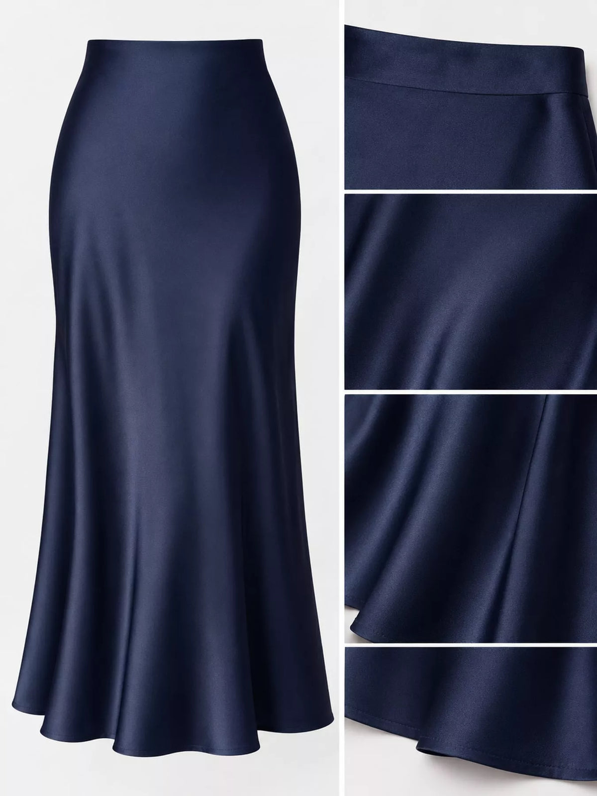 Satin midi skirt, navy waist fabric and hem details