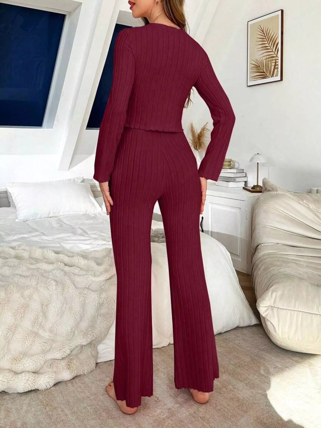 Trendsi Bow Detail Ribbed Knit Top and Pants Lounge Set -