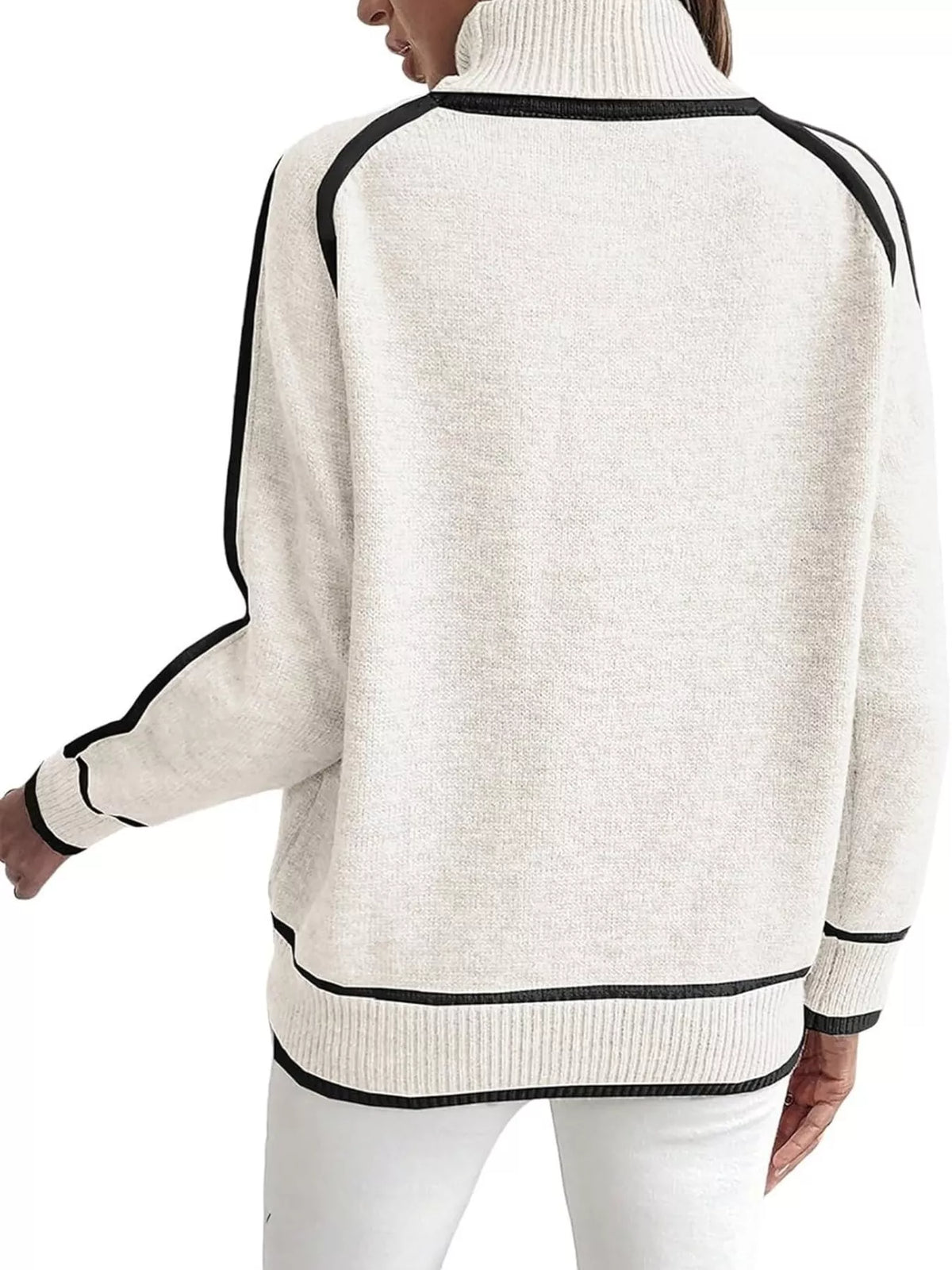 Women's Contrast Trim Ribbed Hem Turtleneck Sweater in Blue, front view