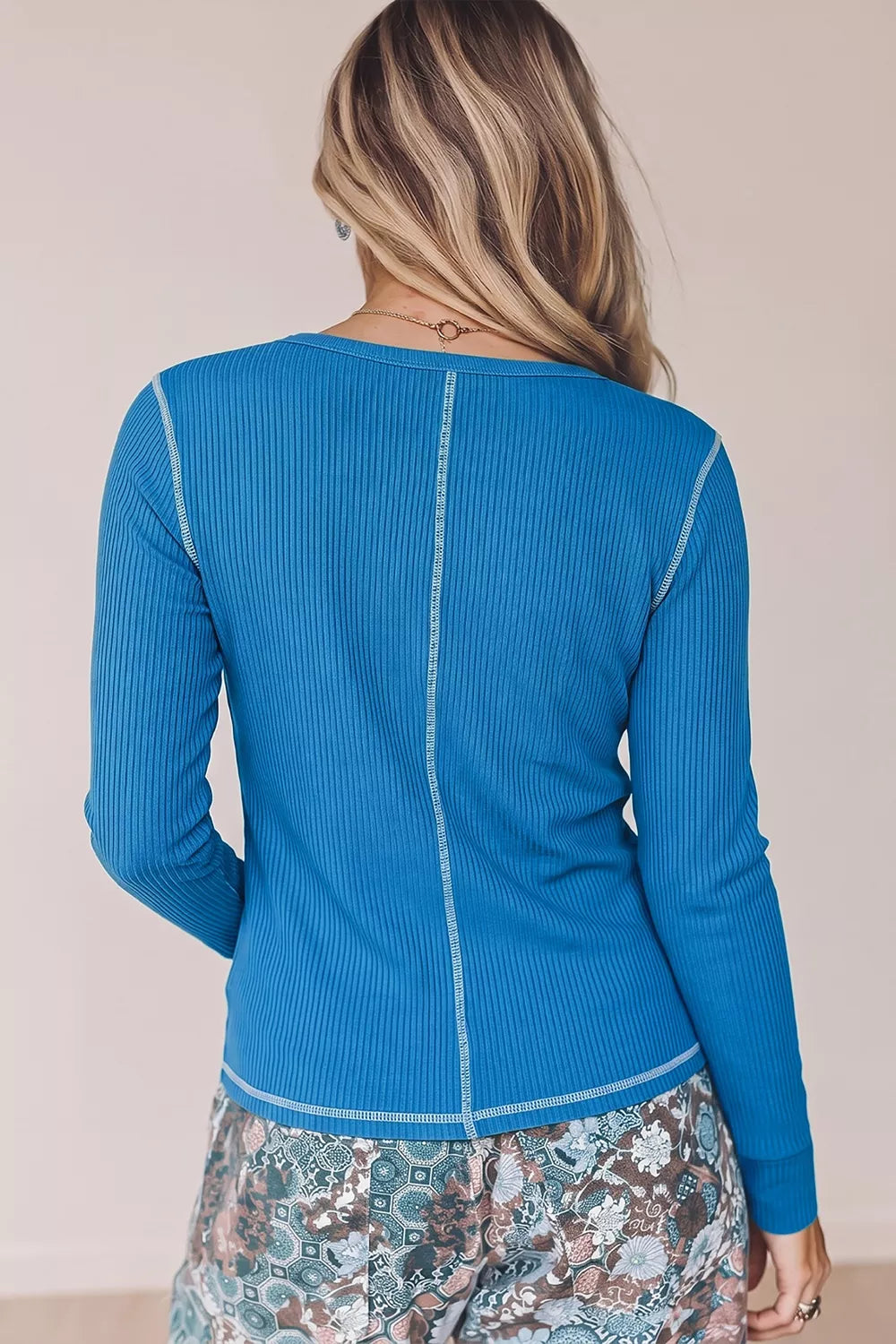 Trendsi Ribbed Henley Long Sleeve T-Shirt -