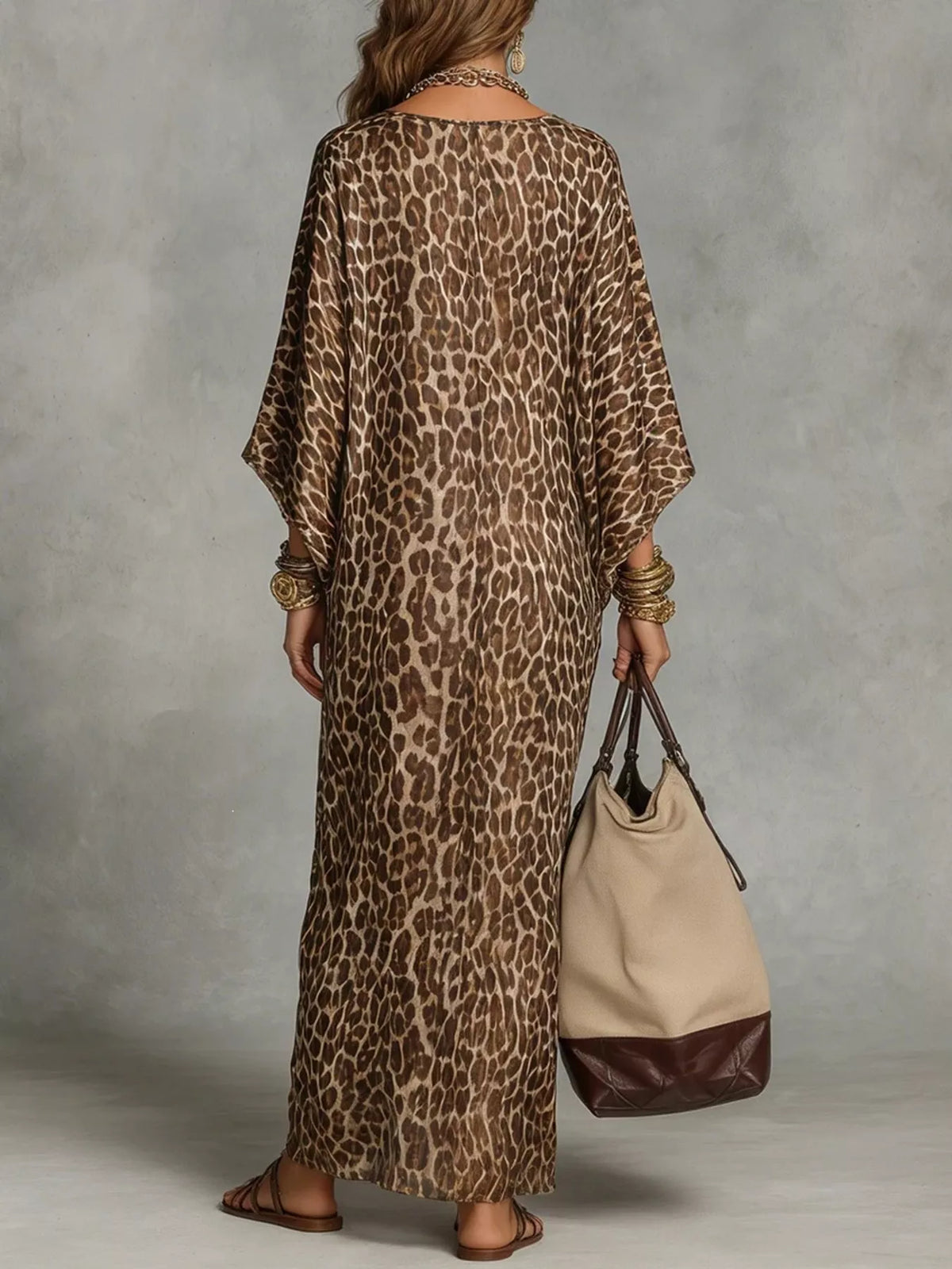 Brown Leopard Print Twisted V-Neck Maxi Dress back view
