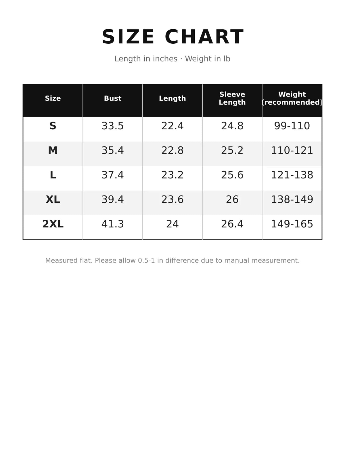 Size chart for ribbed cardigan