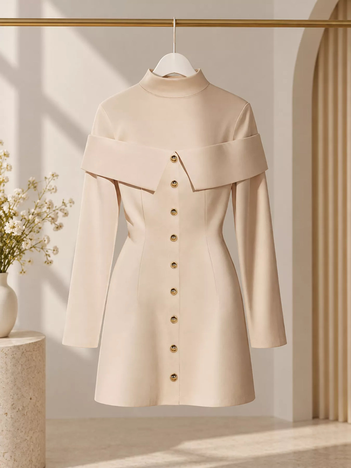 Women's Mock Neck Button Front Mini Dress in cream — flat lay view
