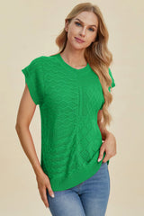 Trendsi Double Take Full Size Cable-Knit Round Neck Cap Sleeve Sweater - Shirts