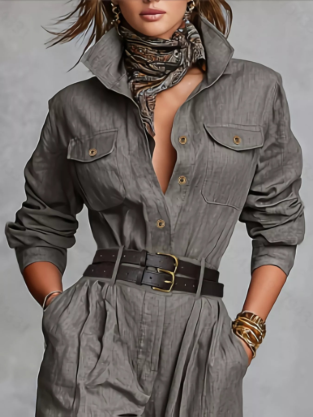 Button Front Long-Sleeve Jumpsuit in gray, bodice detail