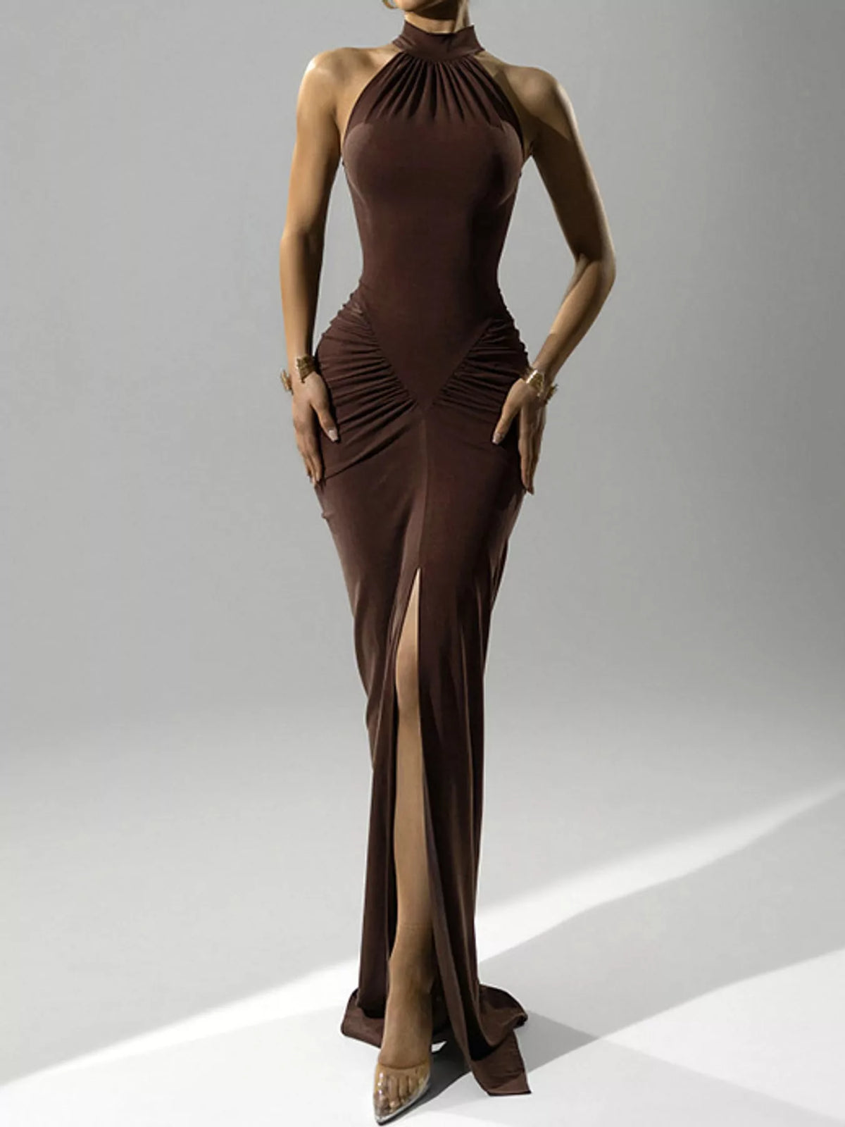 Ruched Halter Neck Slit Maxi Dress — front view