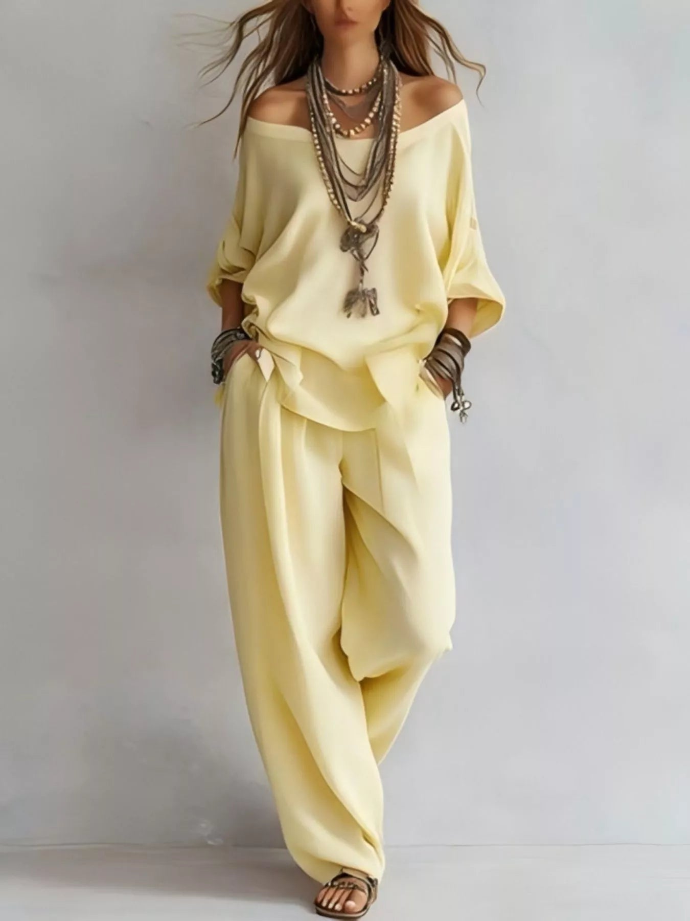 Trendsi Off-Shoulder Loose Fit Top and Pants Two-Piece Set -