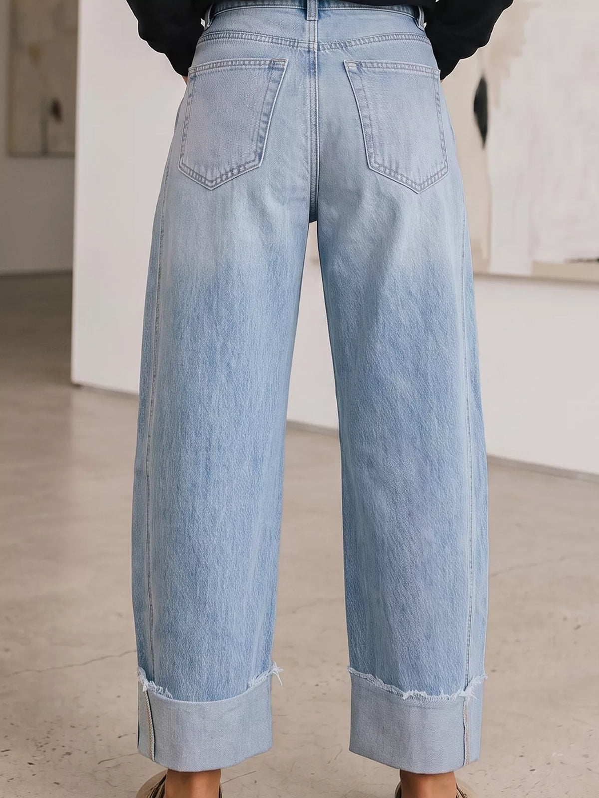 Cuffed Wide-Leg Jeans in light blue, back view