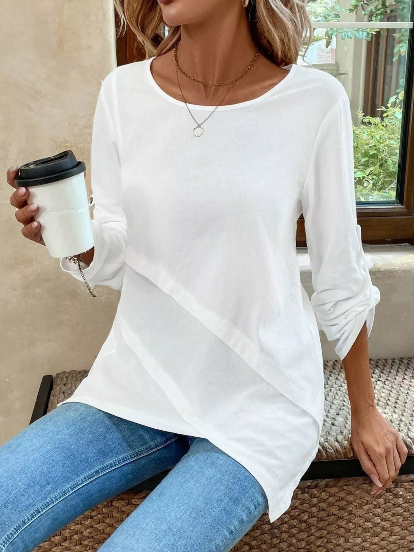 Trendsi Asymmetrical Hem Solid Color Linen Blouse -