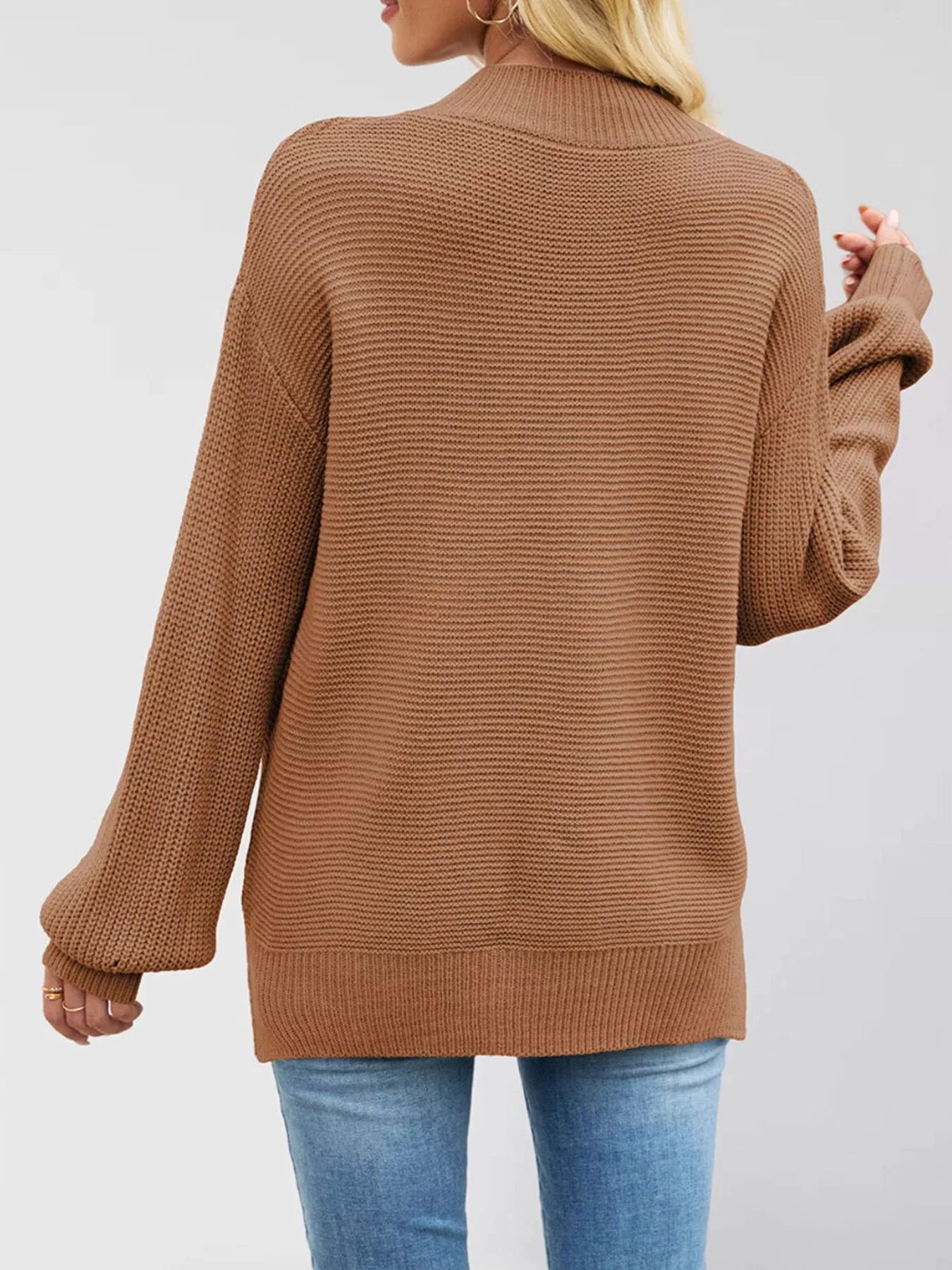Trendsi Ribbed Mock Neck Drop Shoulder Sweater -