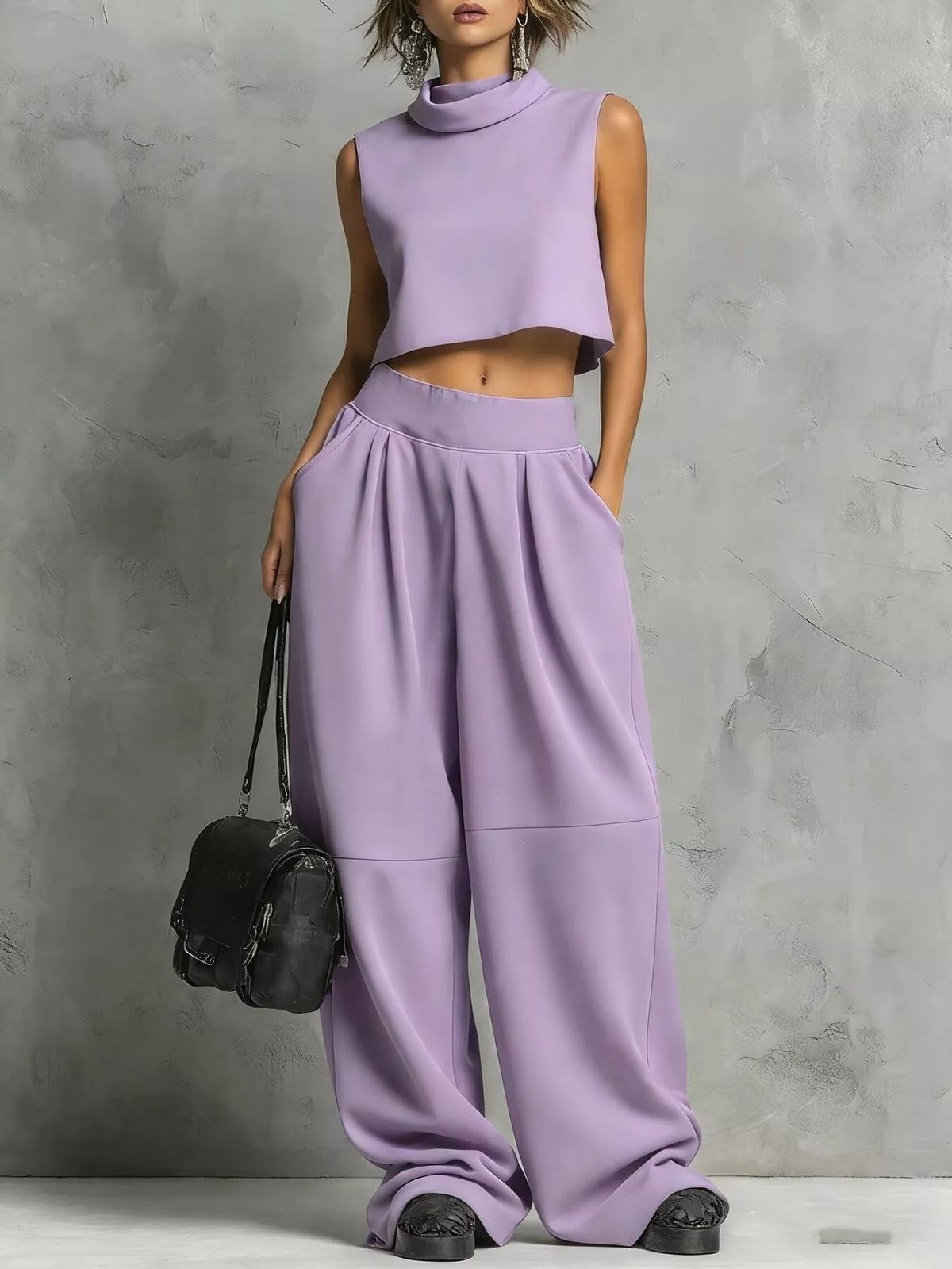 Light Purple Mock Neck Crop Top & Wide-Leg Sweatpants Set front view