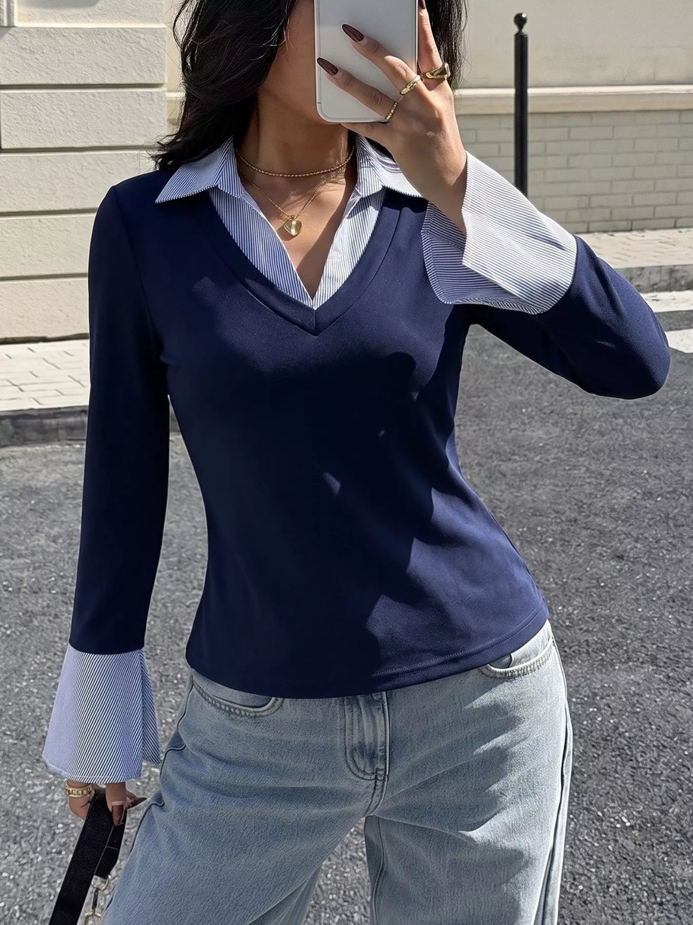 Trendsi Contrast Collar Long Sleeve Top -