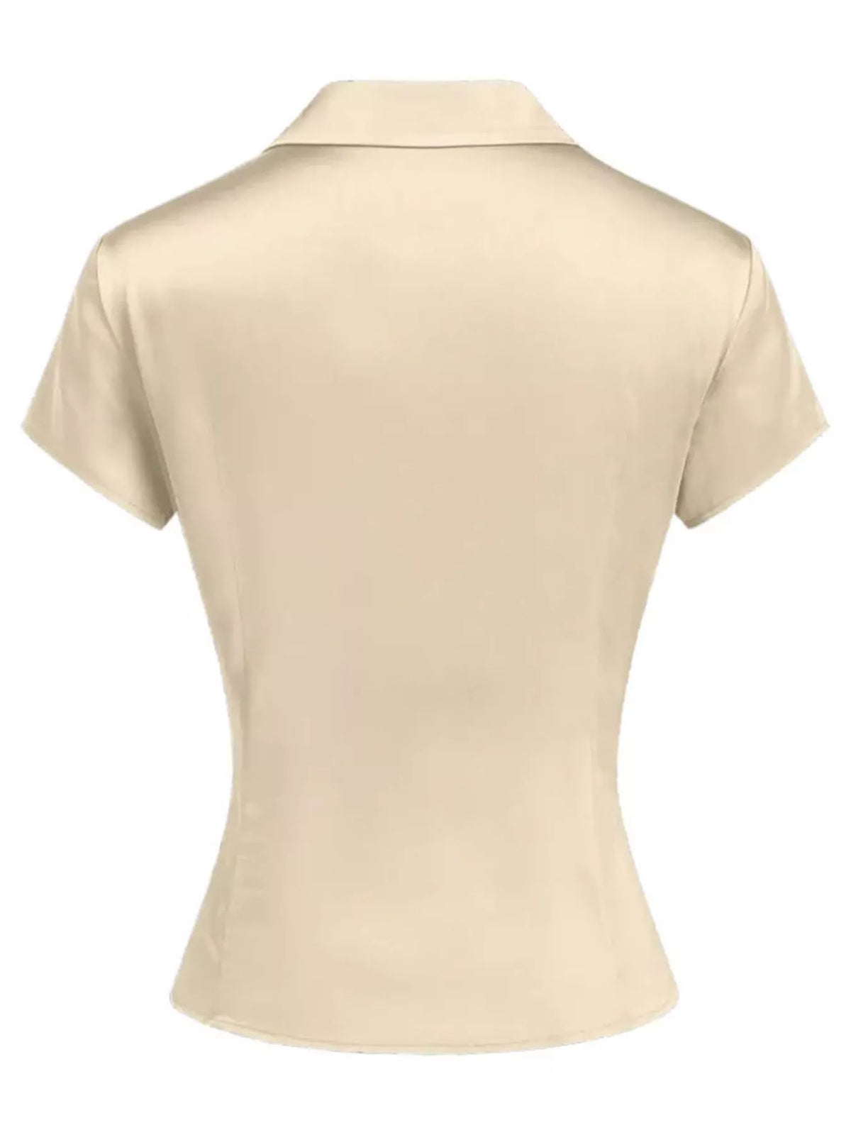 Satin Short Sleeve Button-Down Shirt, back view in beige