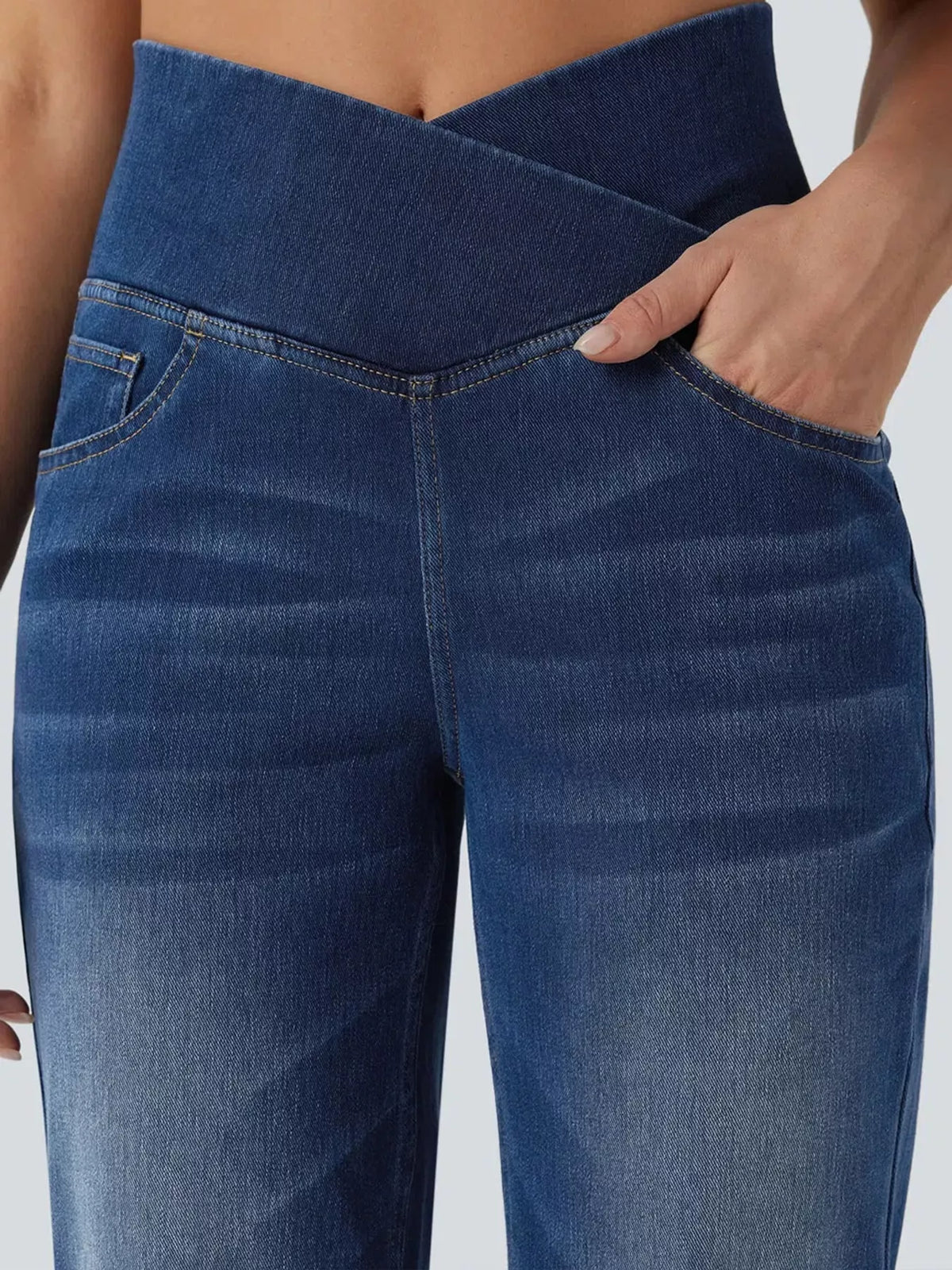 High-Waisted Crossover Straight-Leg Jeans, waistband detail
