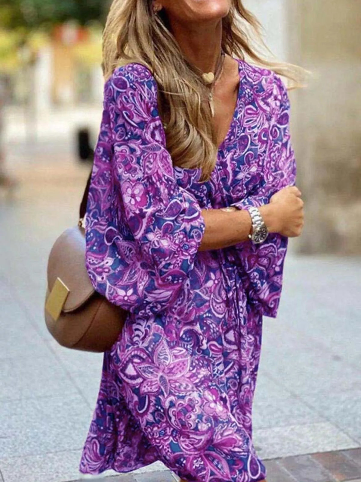 Trendsi Full Size Paisley Print Long Sleeve Mini Dress Plus Size -