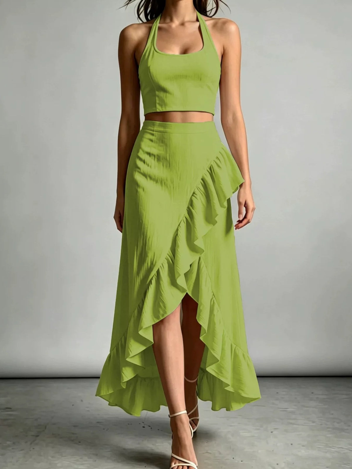 Green Halter Neck Crop Top and High-Low Maxi Skirt Two-Piece Set front view