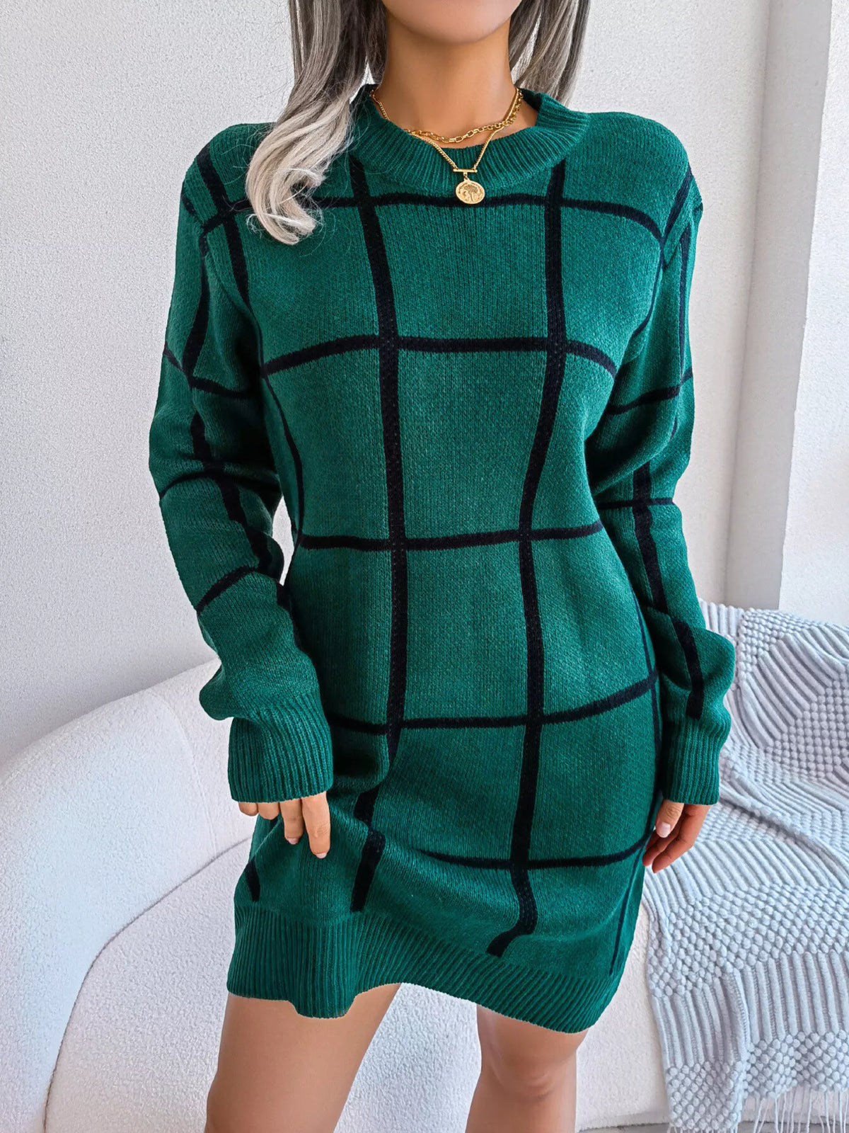 Green windowpane long-sleeve sweater dress, unbelted front view.