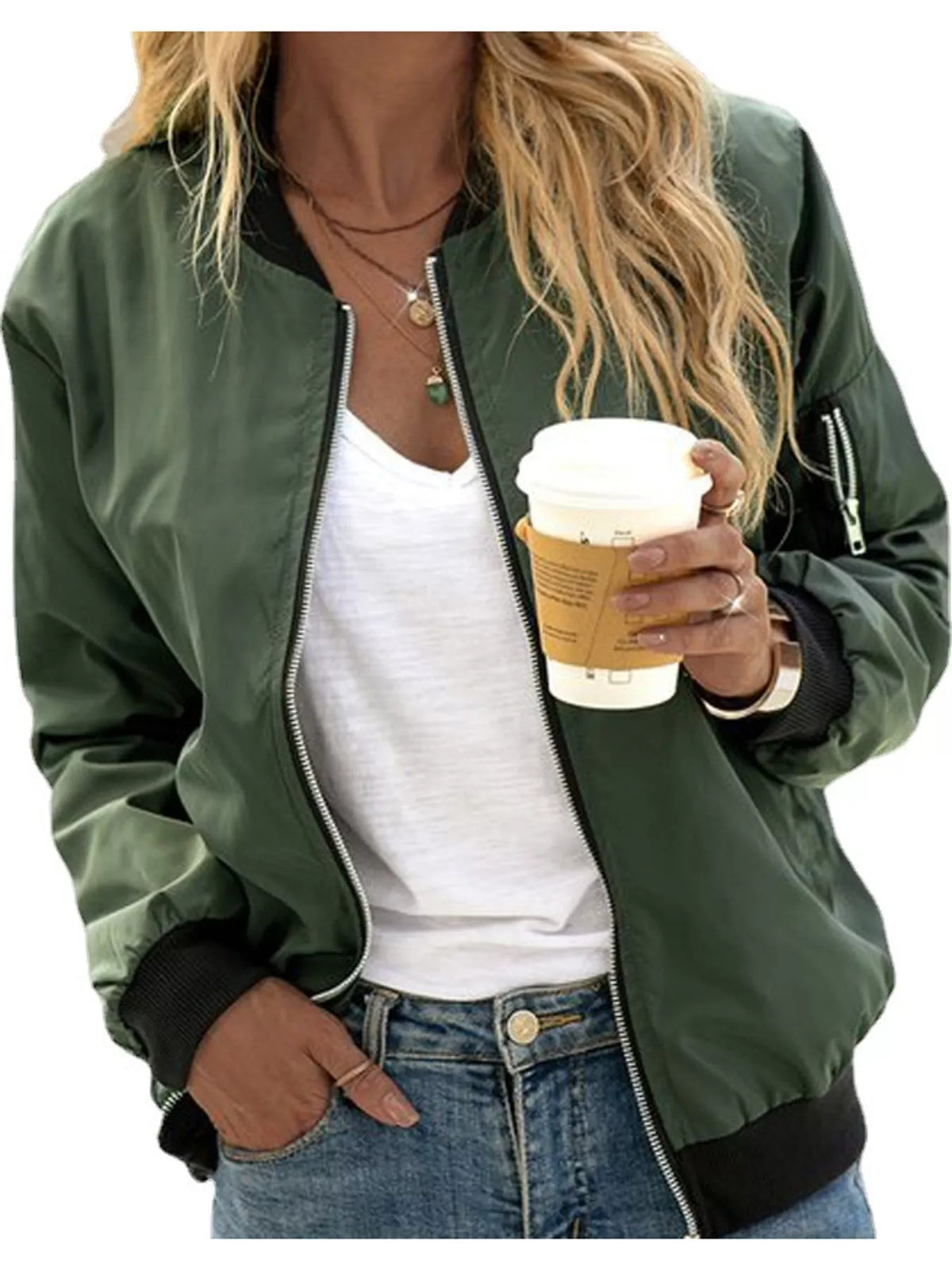 Green zip-up bomber jacket — front view