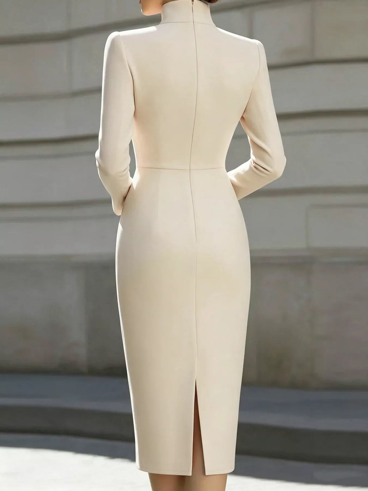 Women's Stand-Collar Long-Sleeve Midi Dress in cream — back view