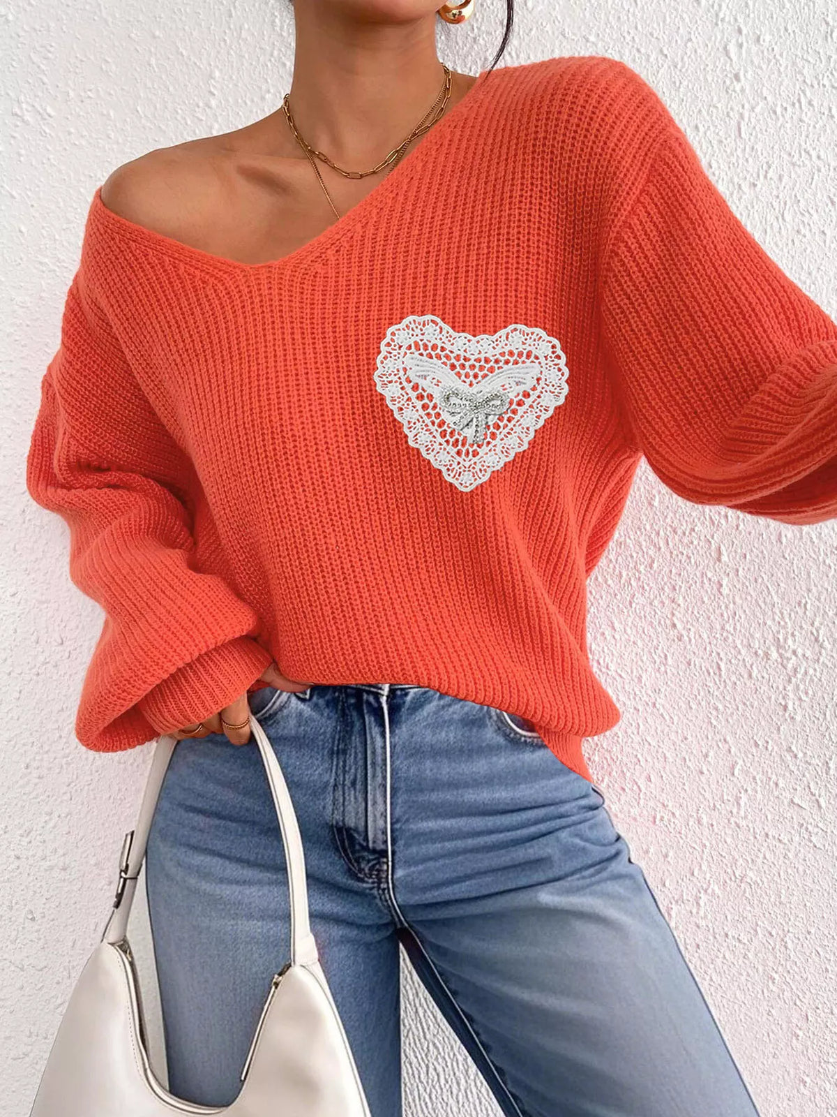 Orange Lace Heart Dropped Shoulder Sweater detail view
