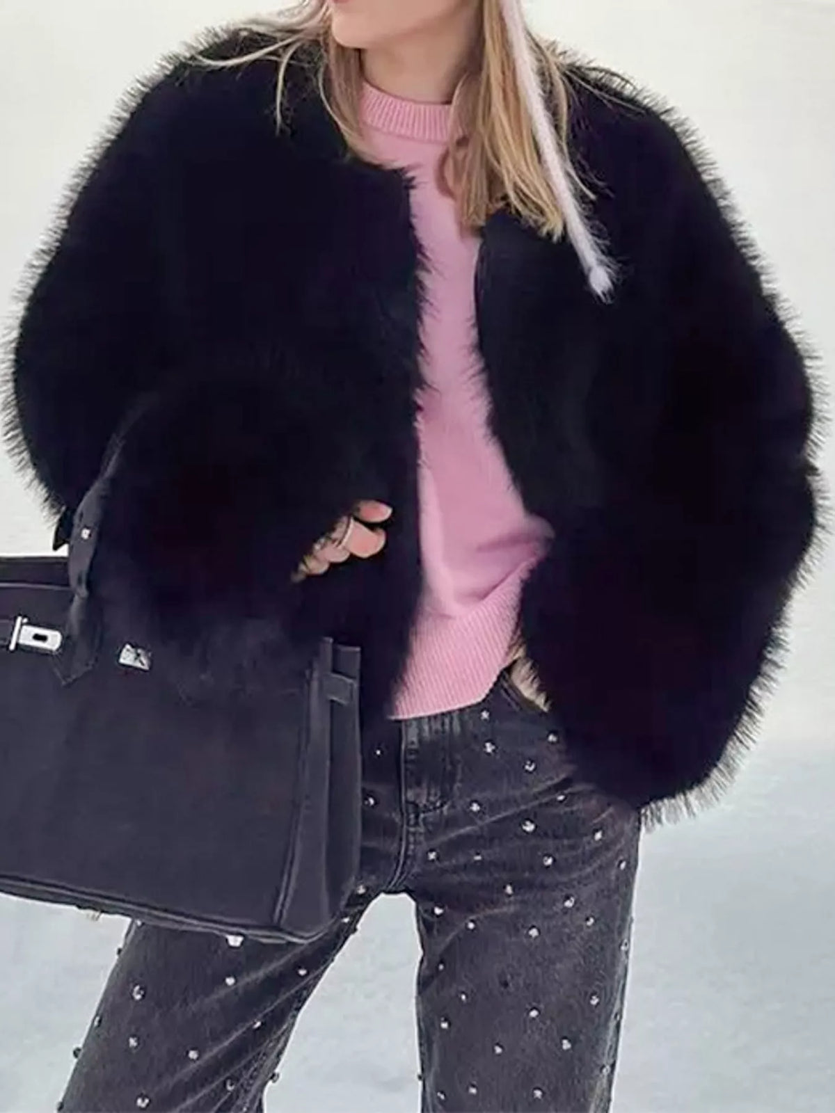 Faux Fur Cropped Coat in black