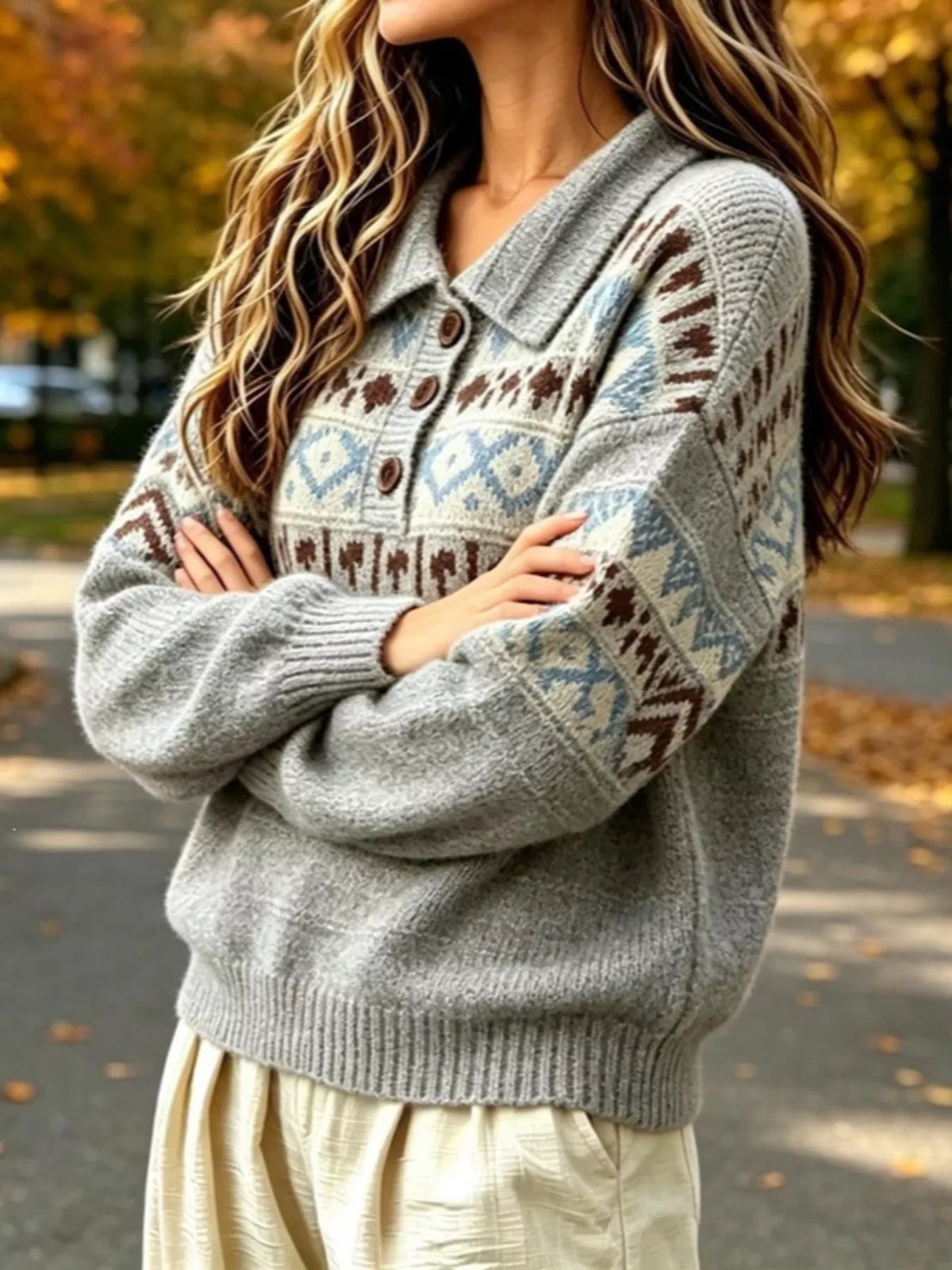 Gray fair isle pattern polo collar sweater, side view