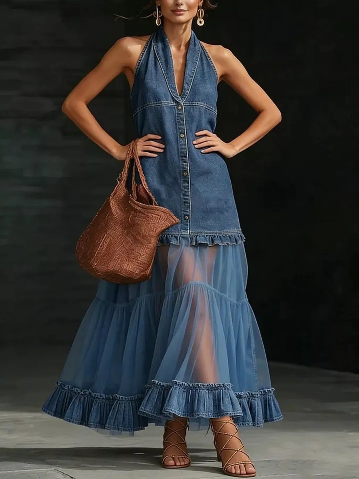 Navy Denim-Look Mesh Ruffle-Hem Maxi Dress full-length view