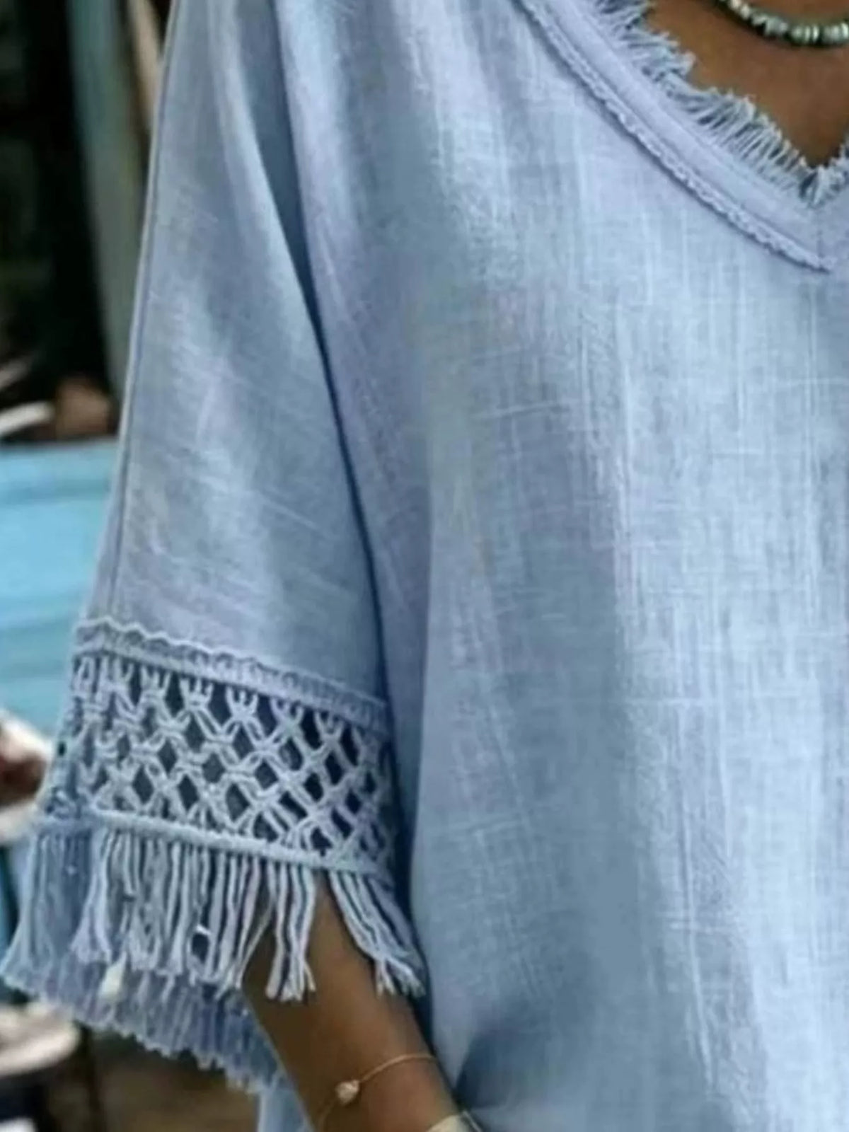 Blue Fringe Trim V-Neck Loose Fit Blouse alternate view