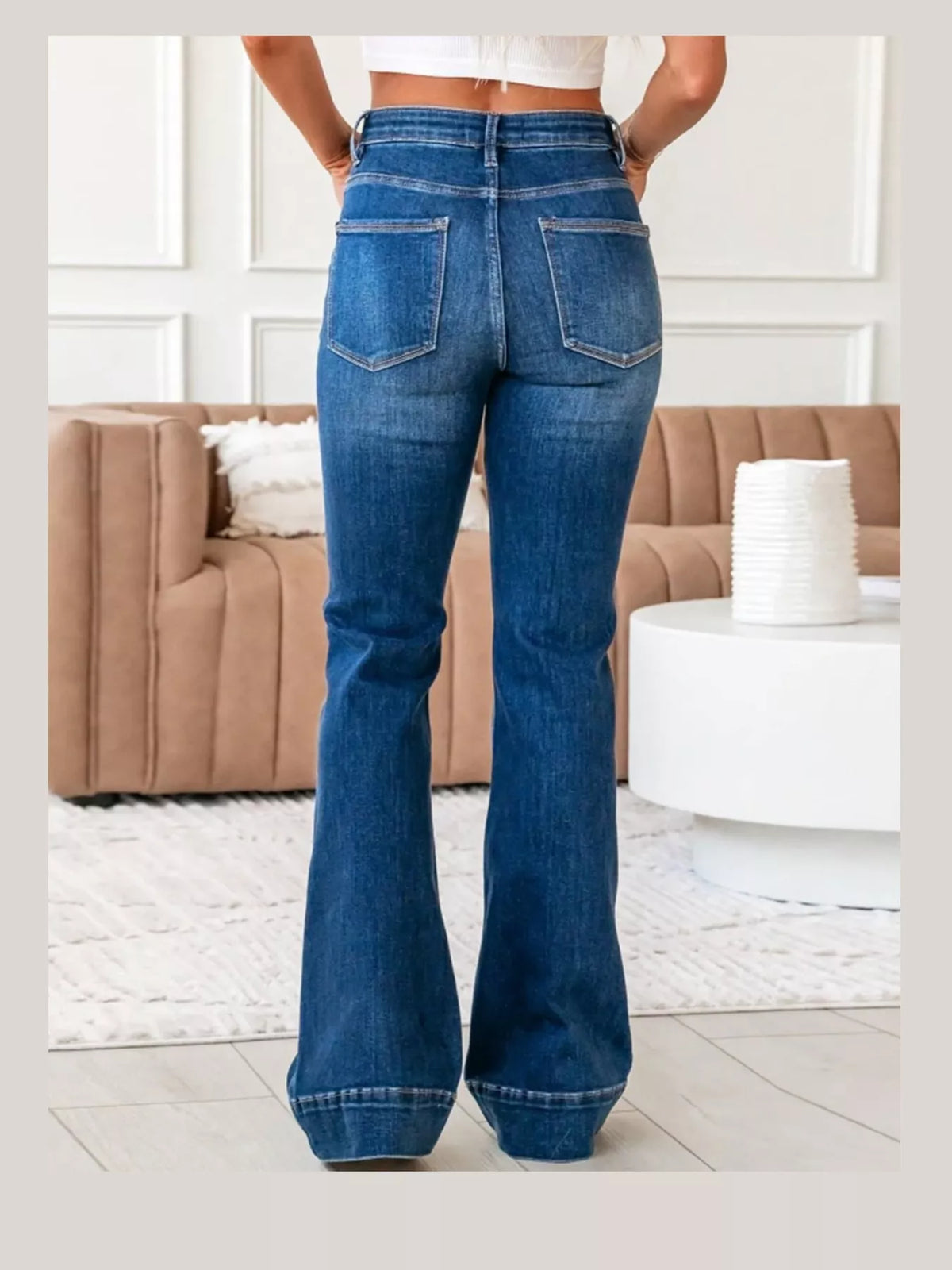 Dark Blue high-rise flare leg jeans, back view