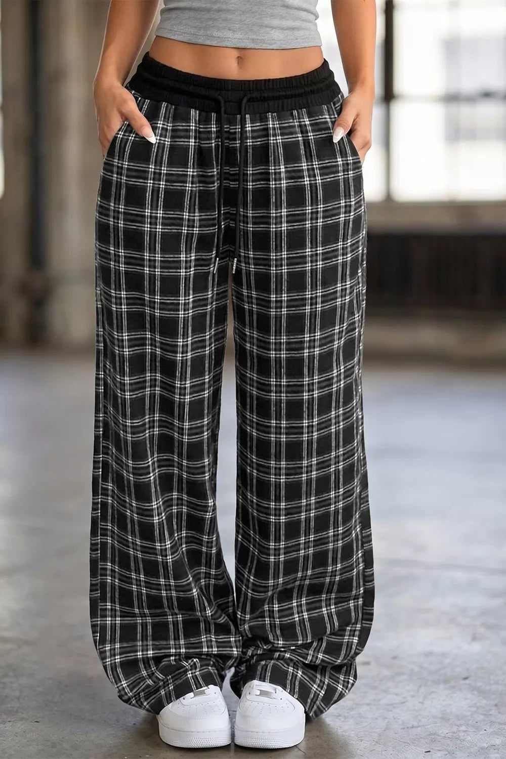 Trendsi Plaid Wide-Leg Drawstring Pants -