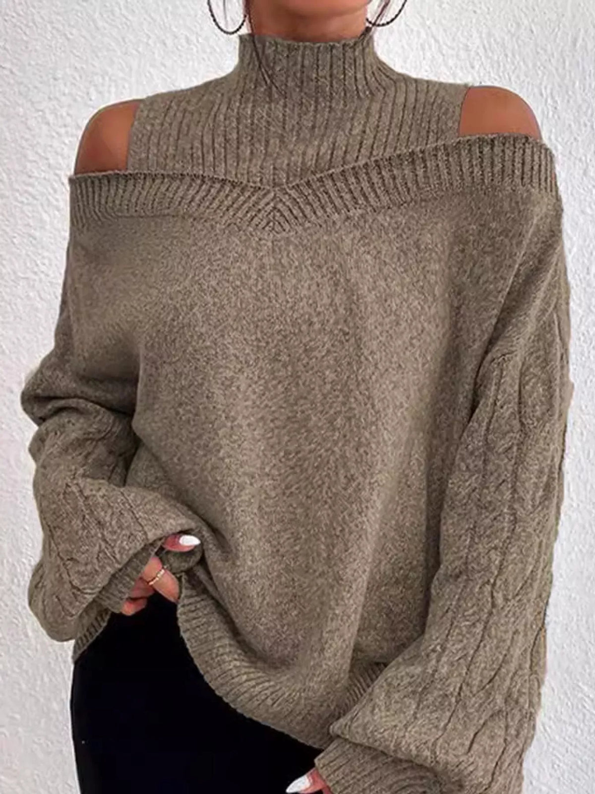 Taupe cold shoulder mock neck cable knit sweater, front view