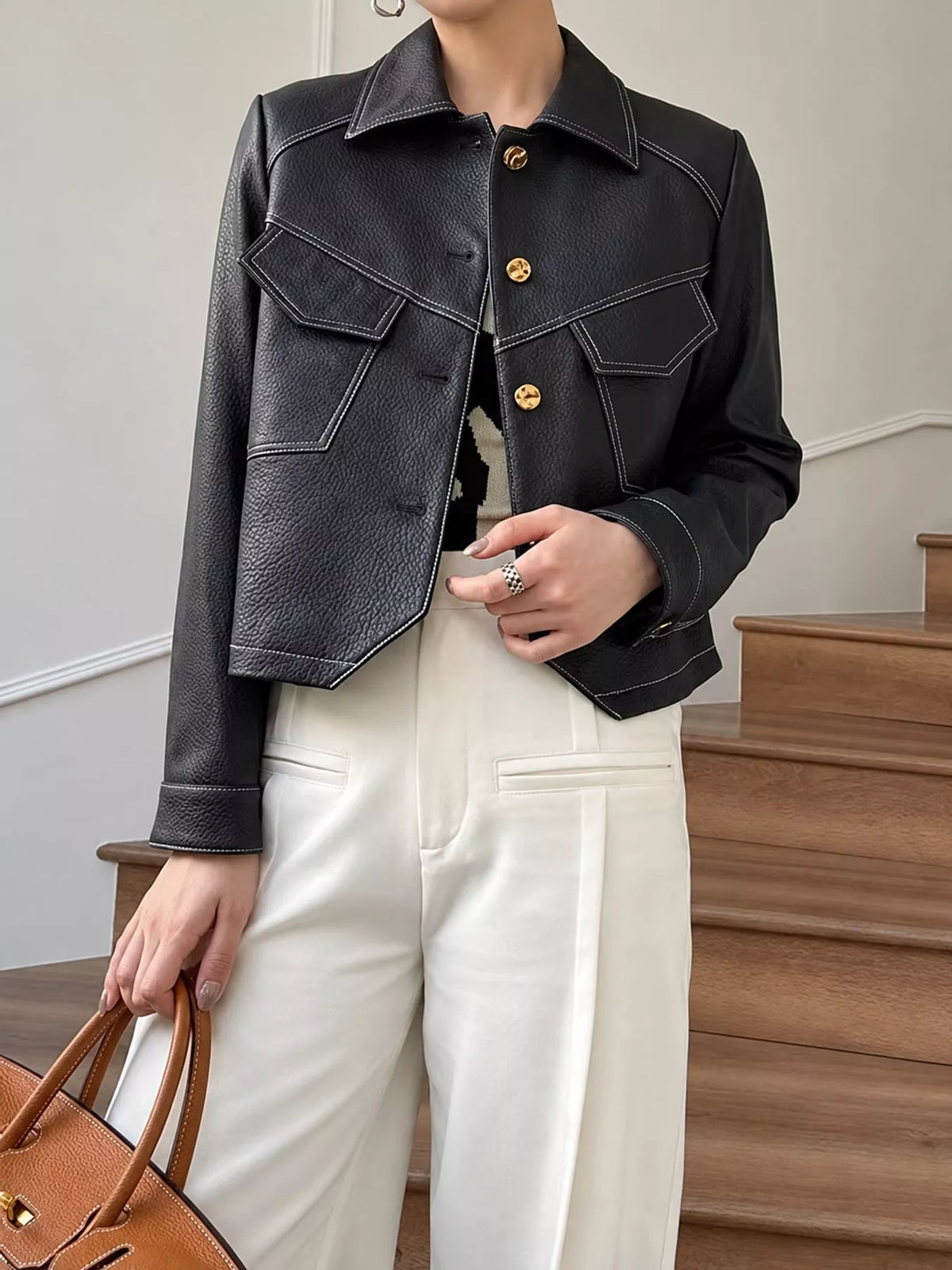 Collared long sleeve jacket, front view on model