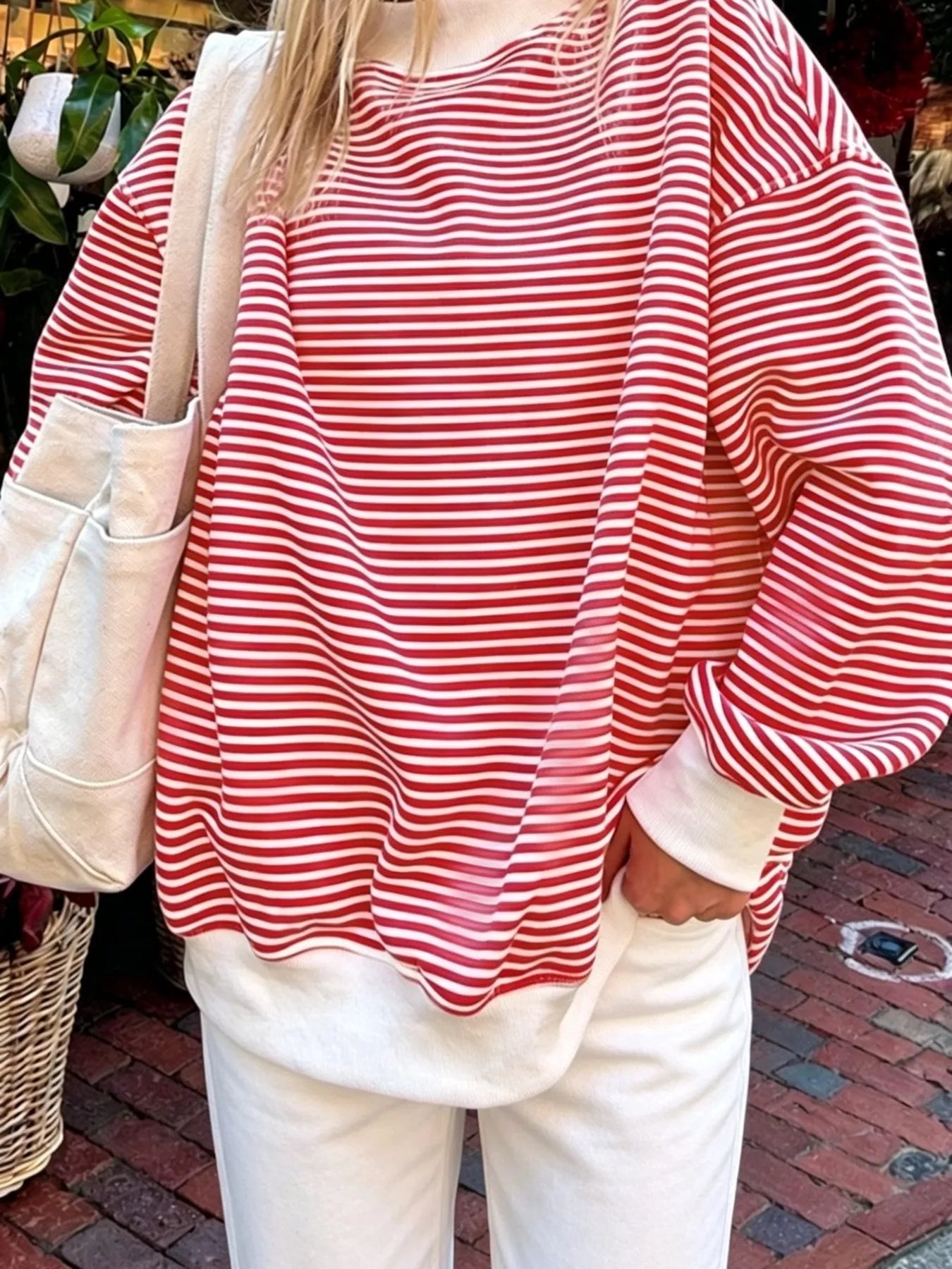 Trendsi Oversized Striped Crew Neck Sweatshirt -