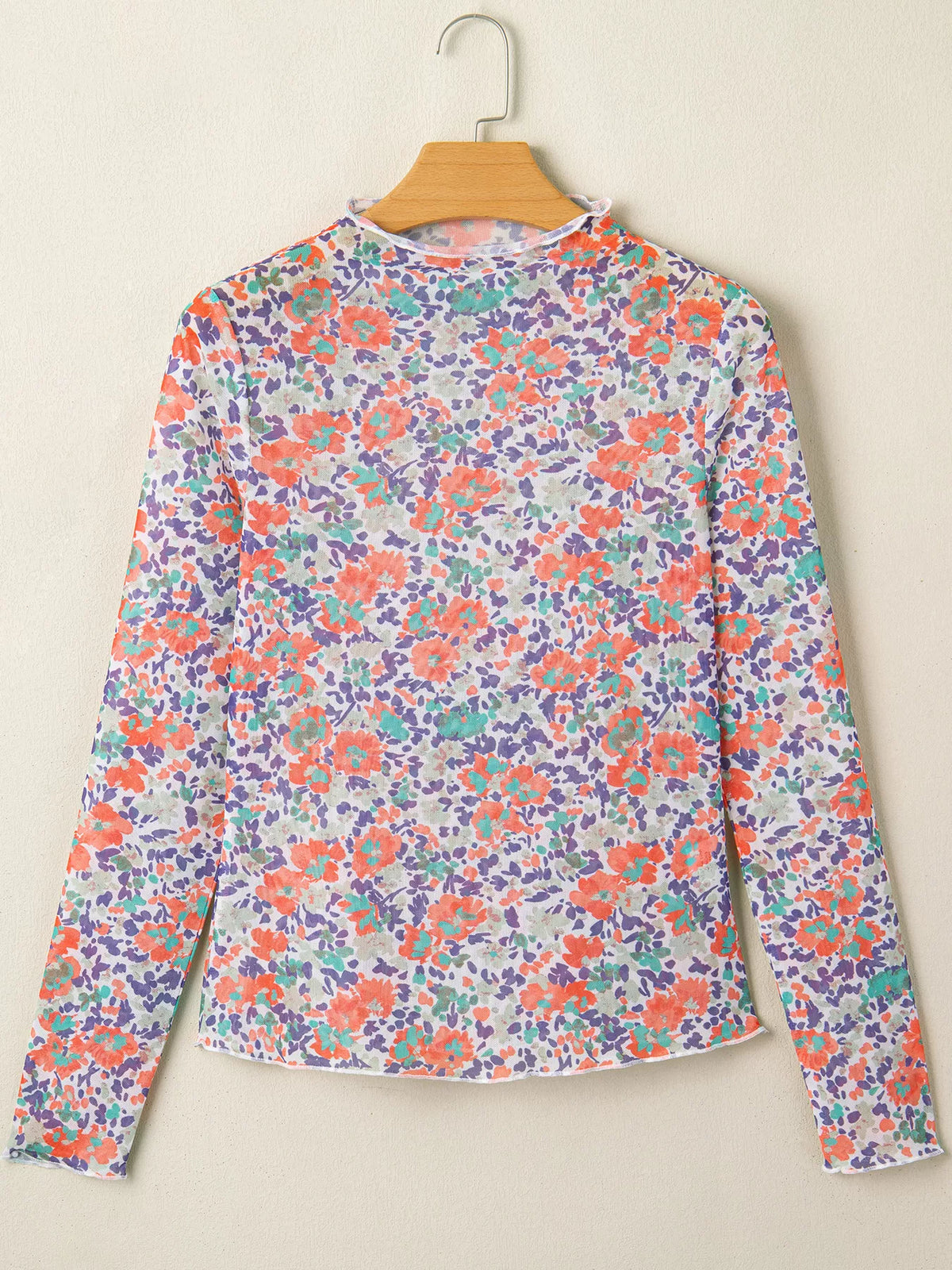 Women's Floral Print Sheer Mesh Long Sleeve Mock Neck Top in Floral, full-length view