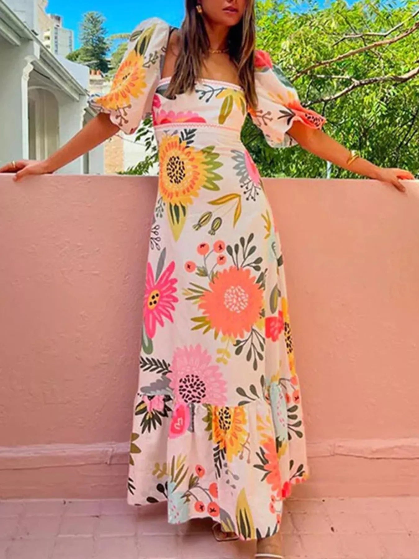 Trendsi Full Size Floral Print Puff Sleeve Maxi Dress Plus Size -